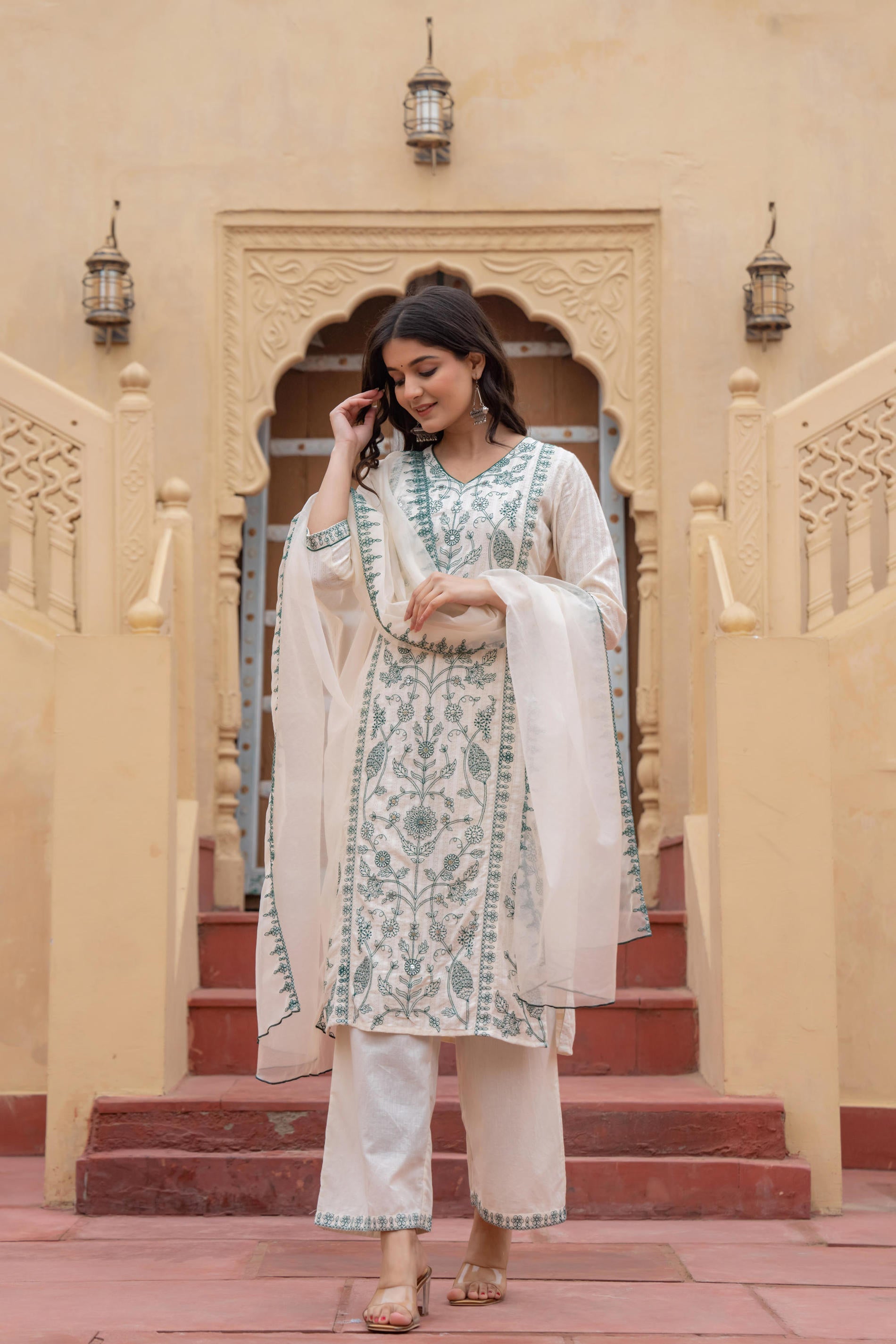 Juniper Off White & Green Floral Embroidered Ethnic Suit Set with Dupatta