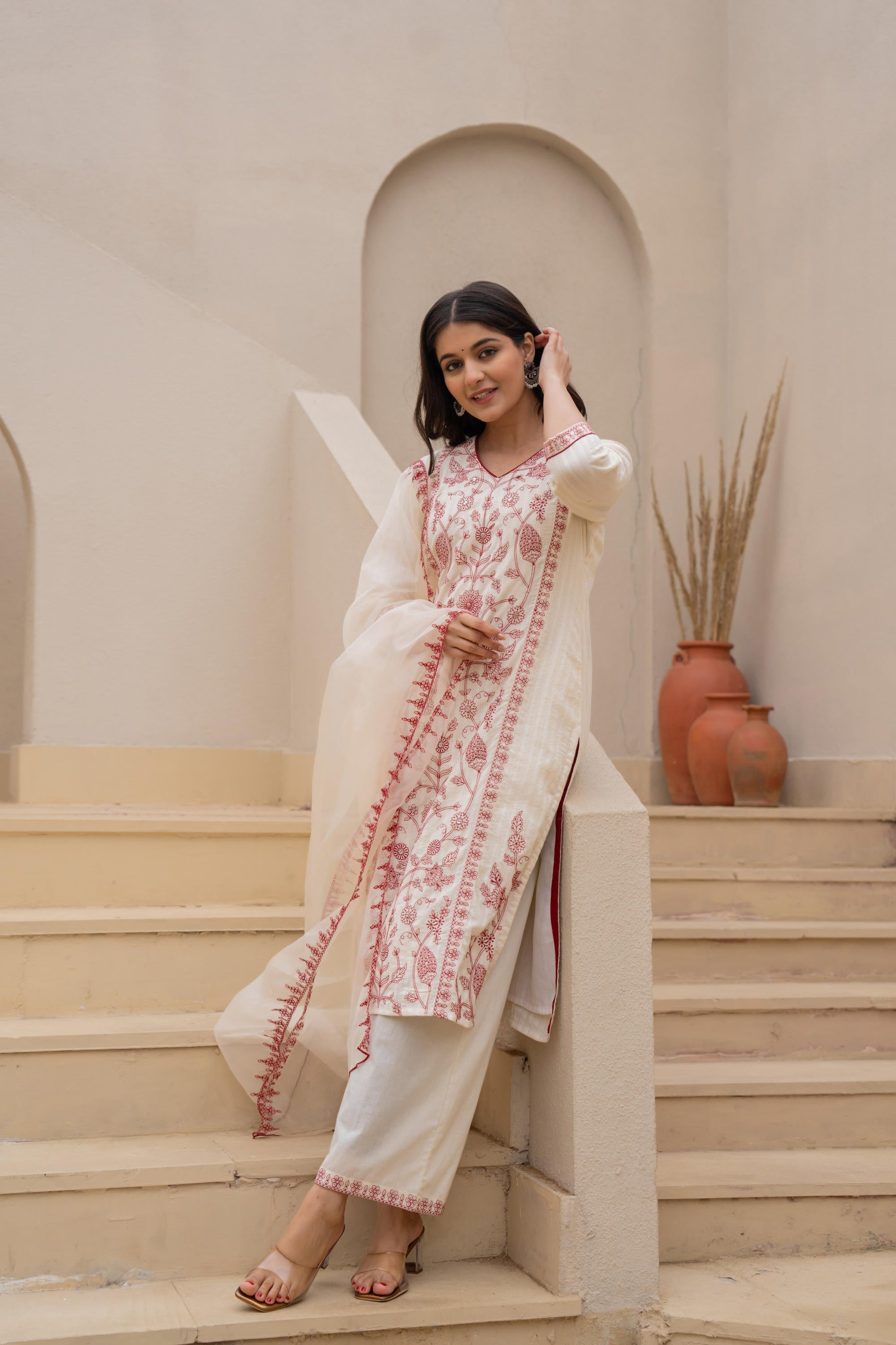 Juniper Off White & Red Floral Embroidered Ethnic Suit Set with Dupatta