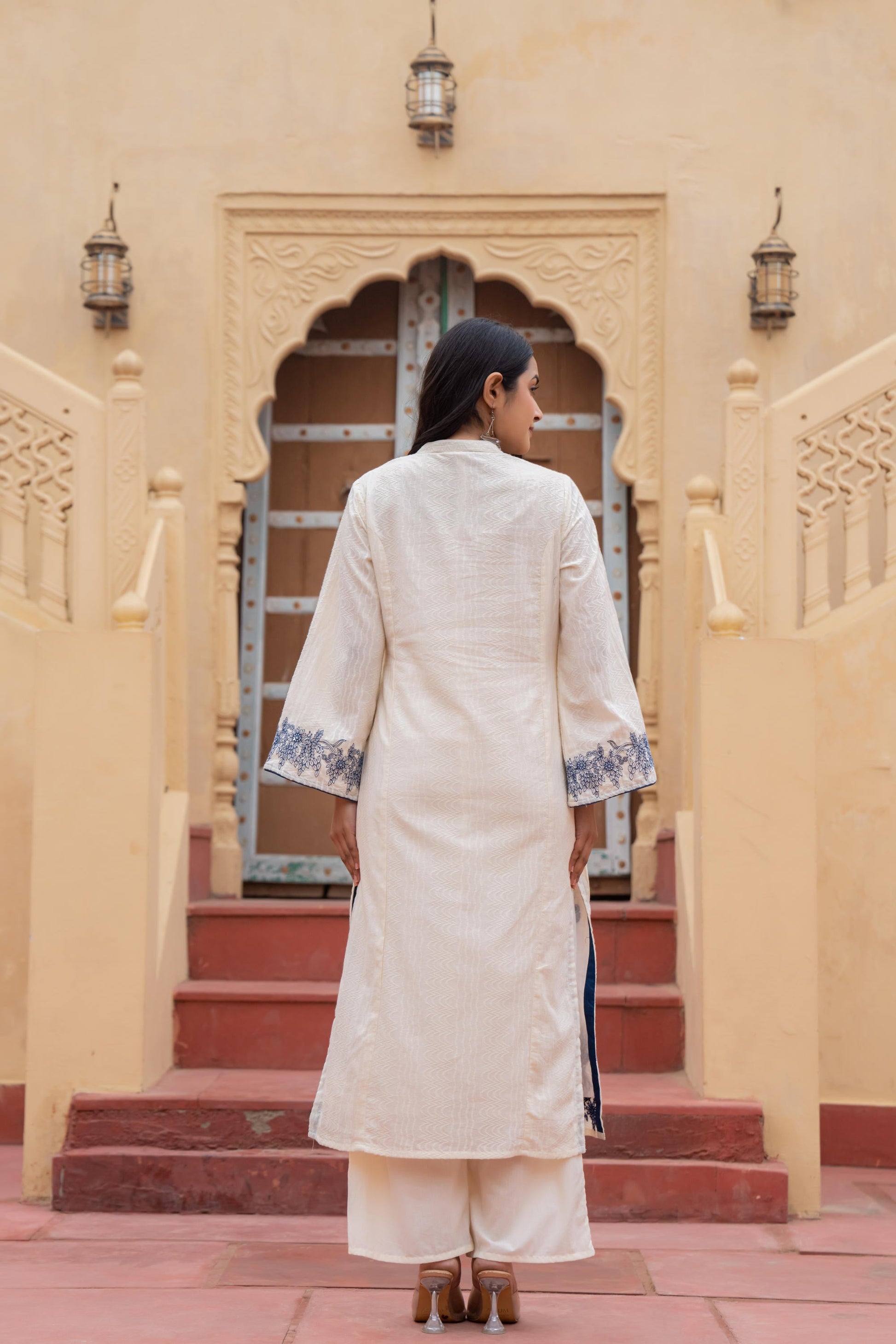 Juniper Off White & Navy Blue Embroidered Straight Kurta Set with Contrast Detailing