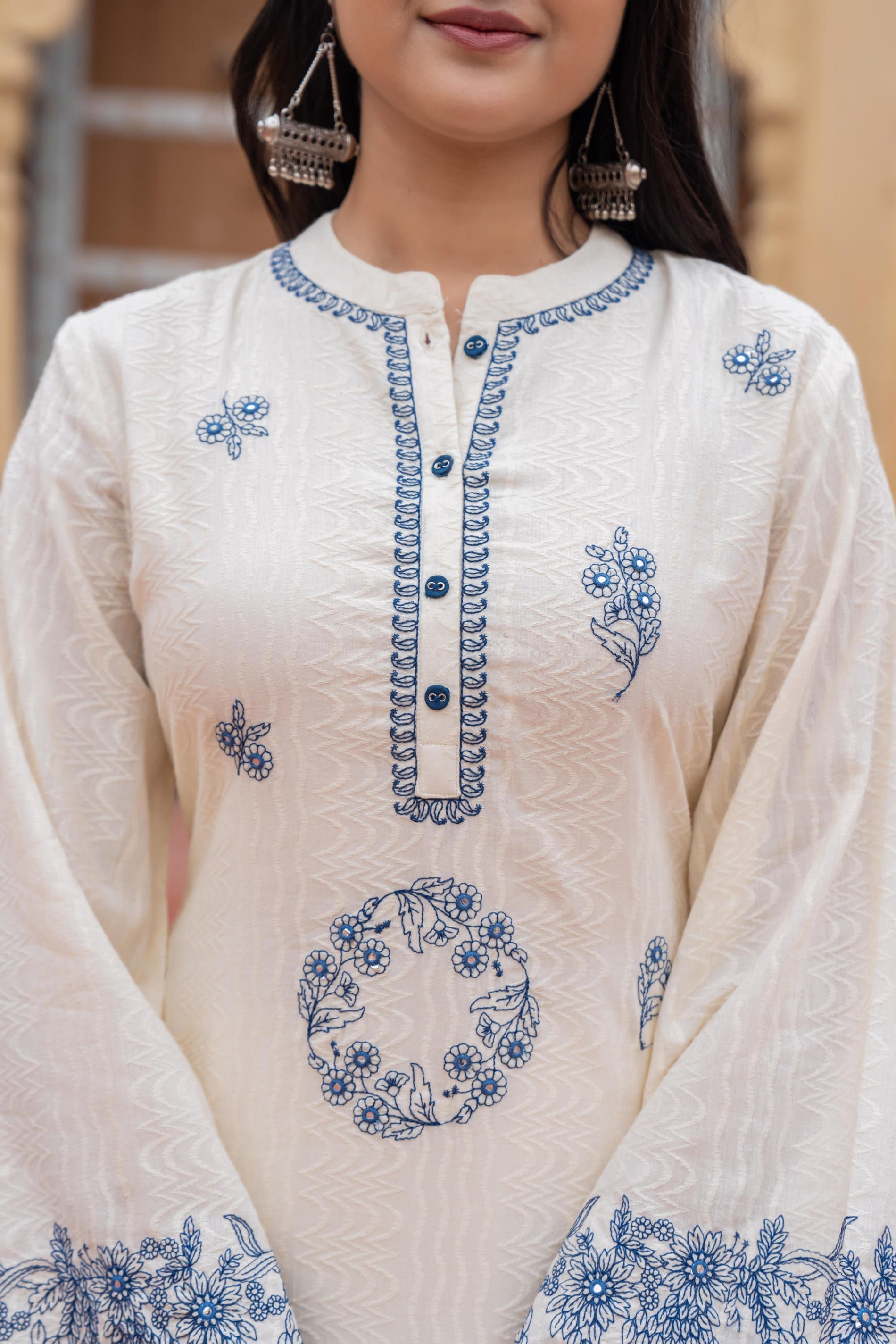 Juniper Off White & Navy Blue Embroidered Straight Kurta Set with Contrast Detailing