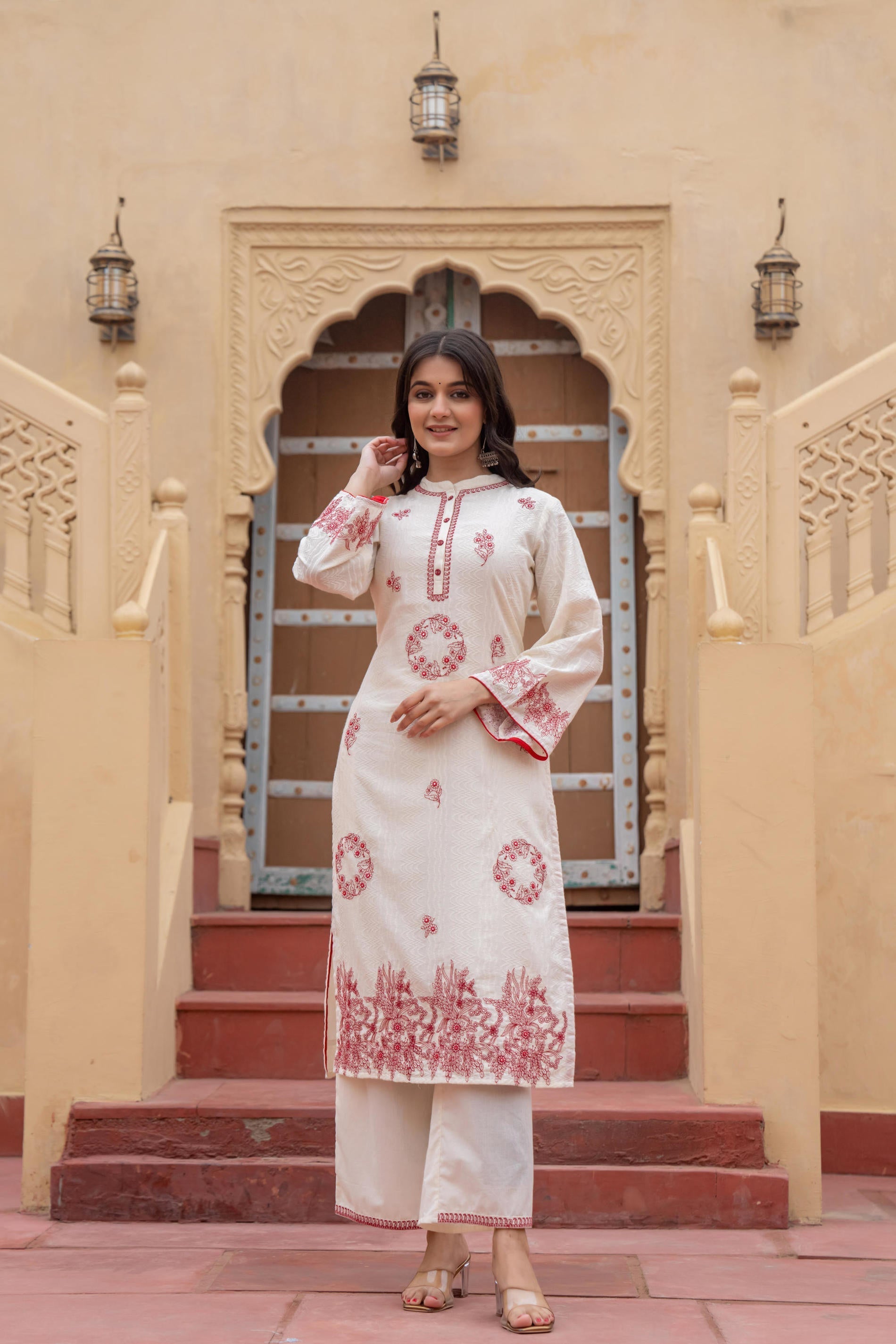 Juniper Off White & Red Embroidered Straight Kurta Set with Contrast Detailing