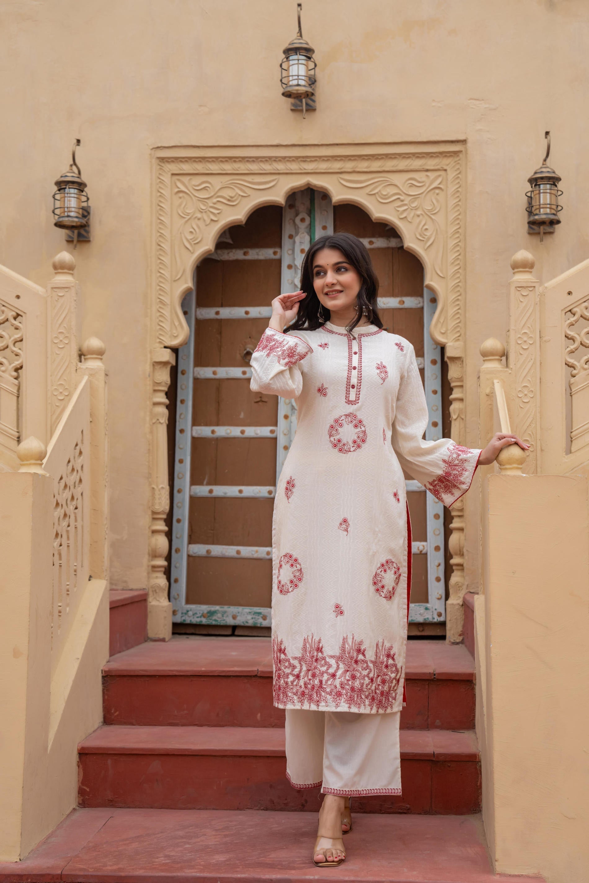 Juniper Off White & Red Embroidered Straight Kurta Set with Contrast Detailing