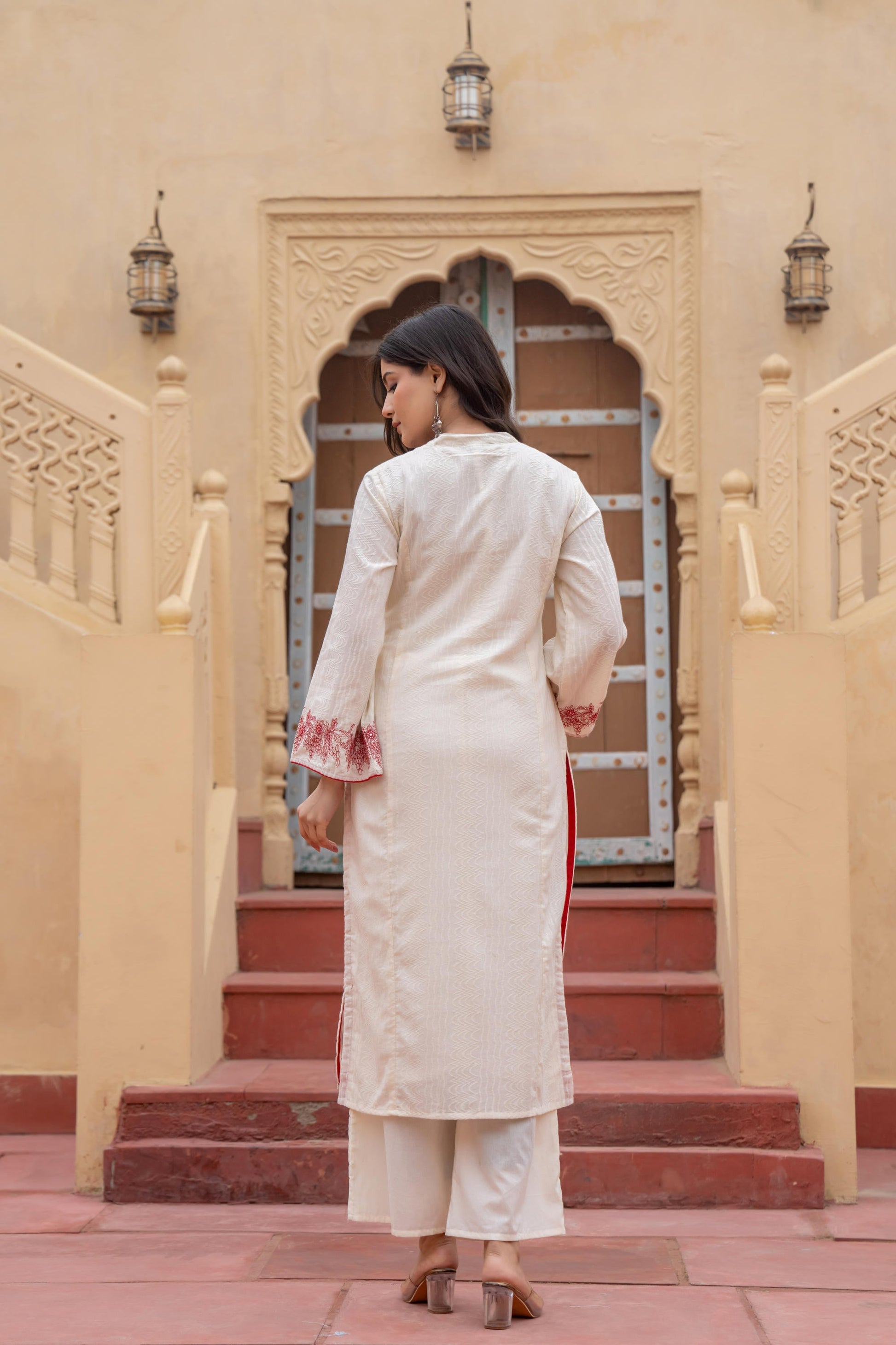 Juniper Off White & Red Embroidered Straight Kurta Set with Contrast Detailing