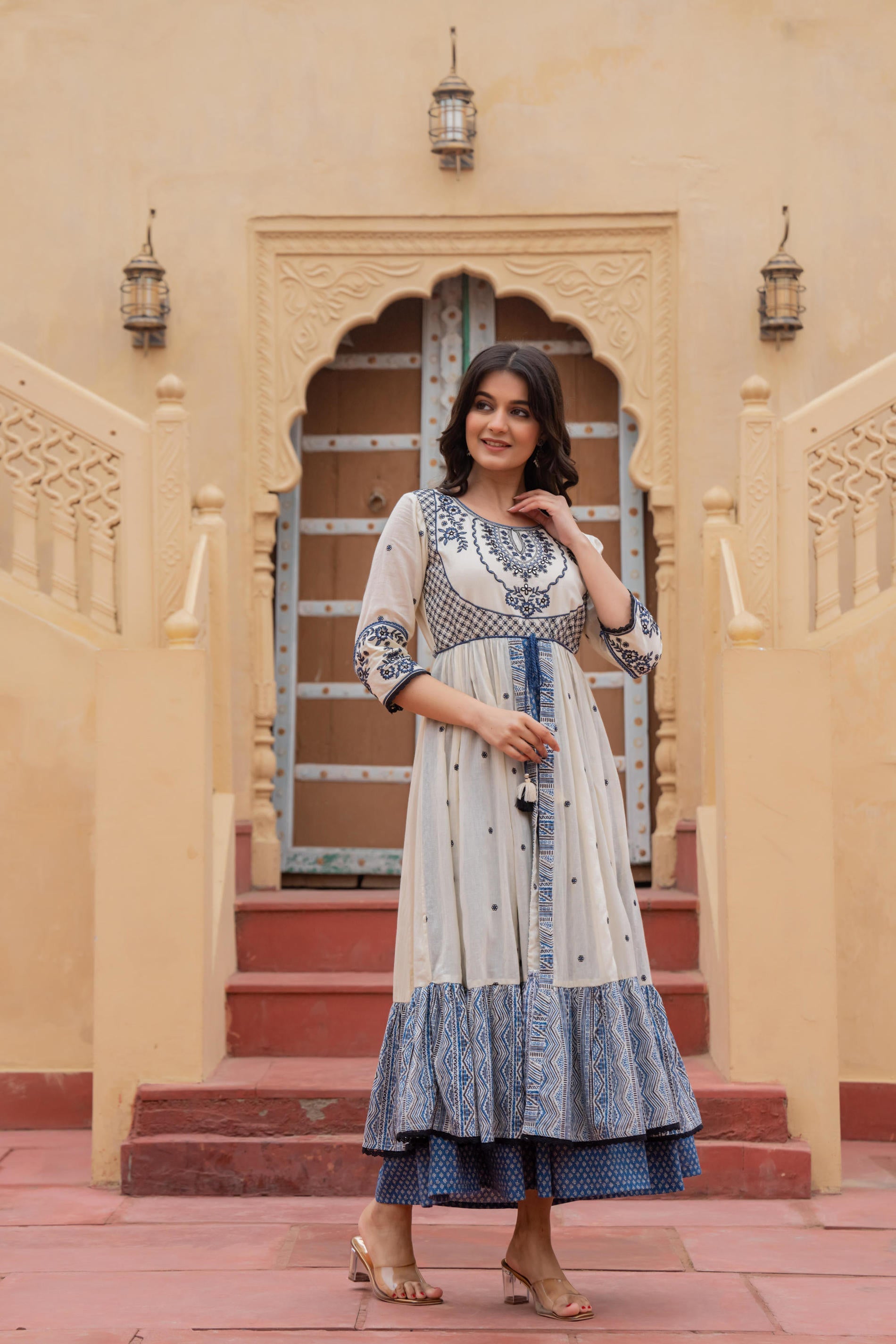 Juniper Off White & Indigo Embroidered Tiered Ethnic Dress with Inner Layer