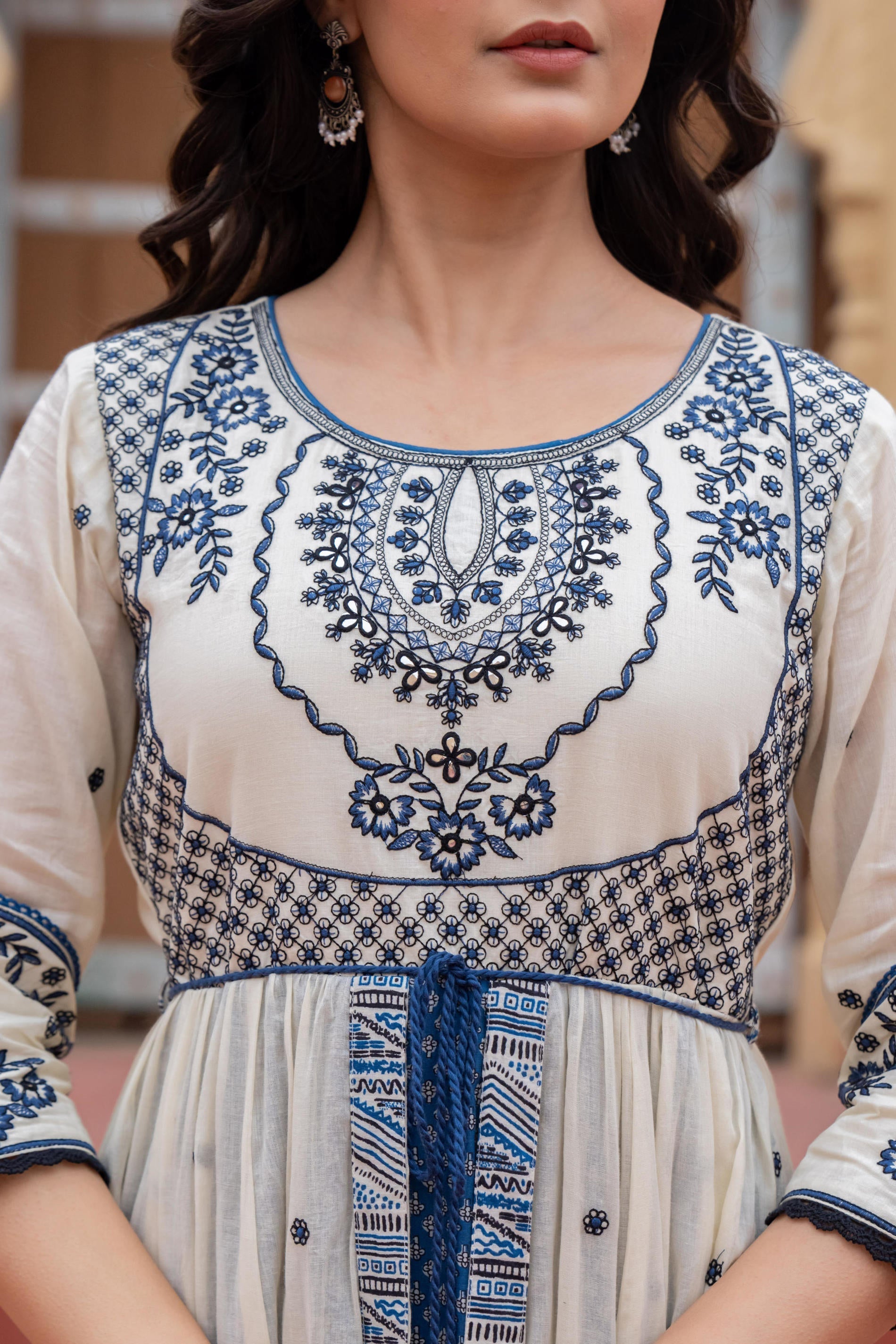 Juniper Off White & Indigo Embroidered Tiered Ethnic Dress with Inner Layer