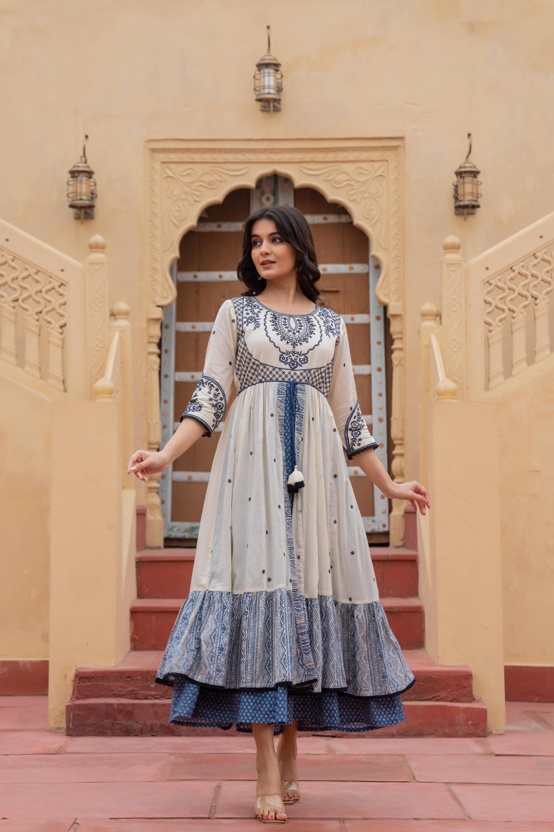 Juniper Off White & Indigo Embroidered Tiered Ethnic Dress with Inner Layer