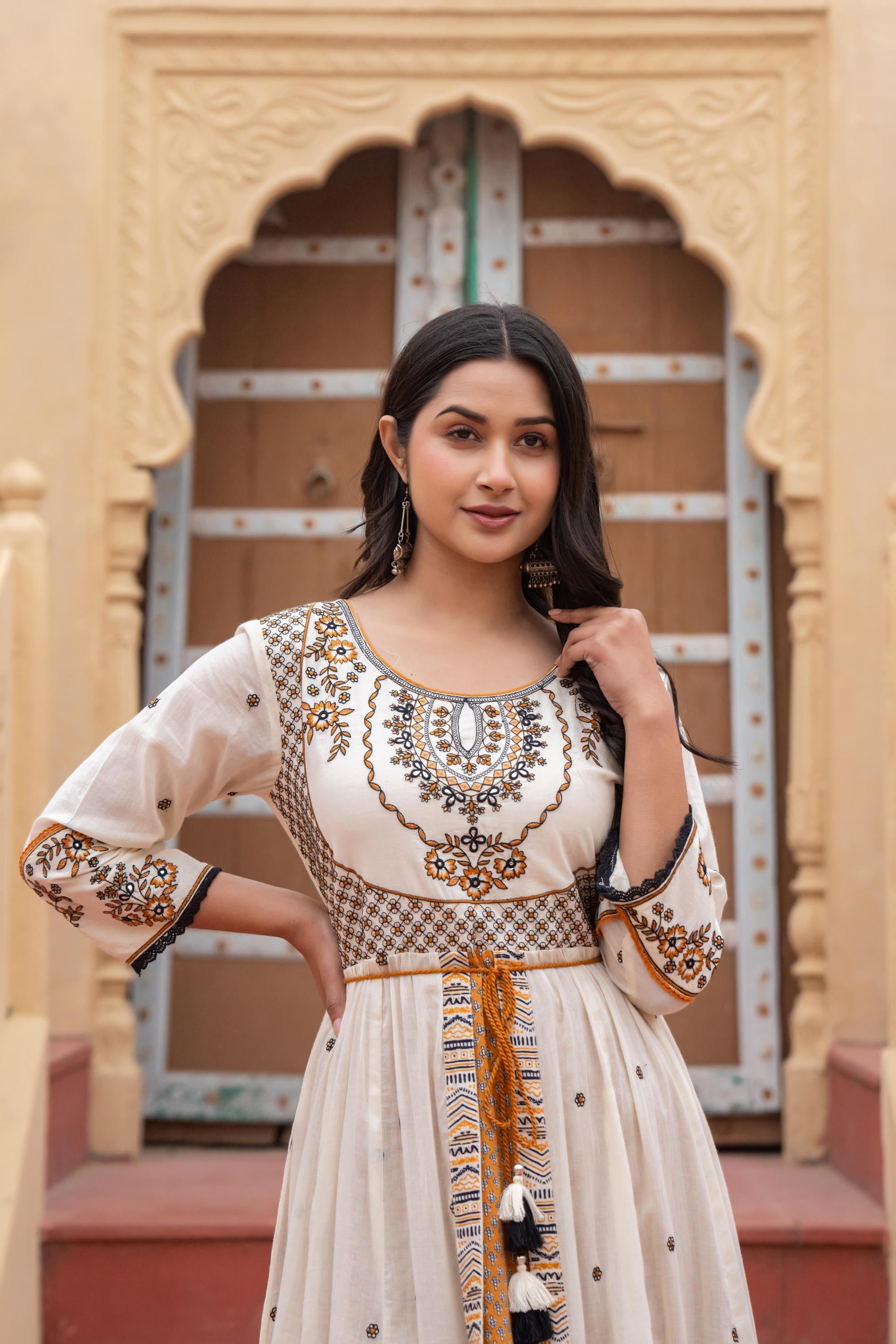 Juniper Off White & Mustard Embroidered Tiered Ethnic Dress with Inner Layer