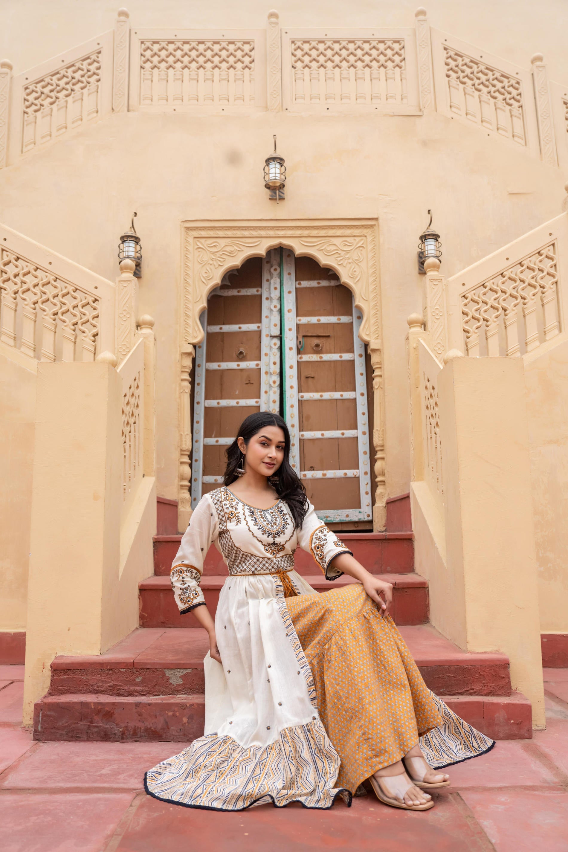 Juniper Off White & Mustard Embroidered Tiered Ethnic Dress with Inner Layer