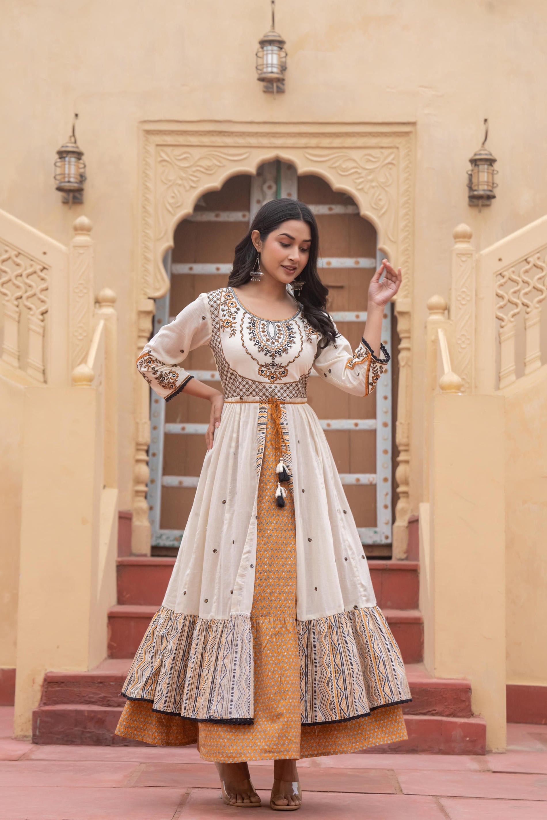 Juniper Off White & Mustard Embroidered Tiered Ethnic Dress with Inner Layer