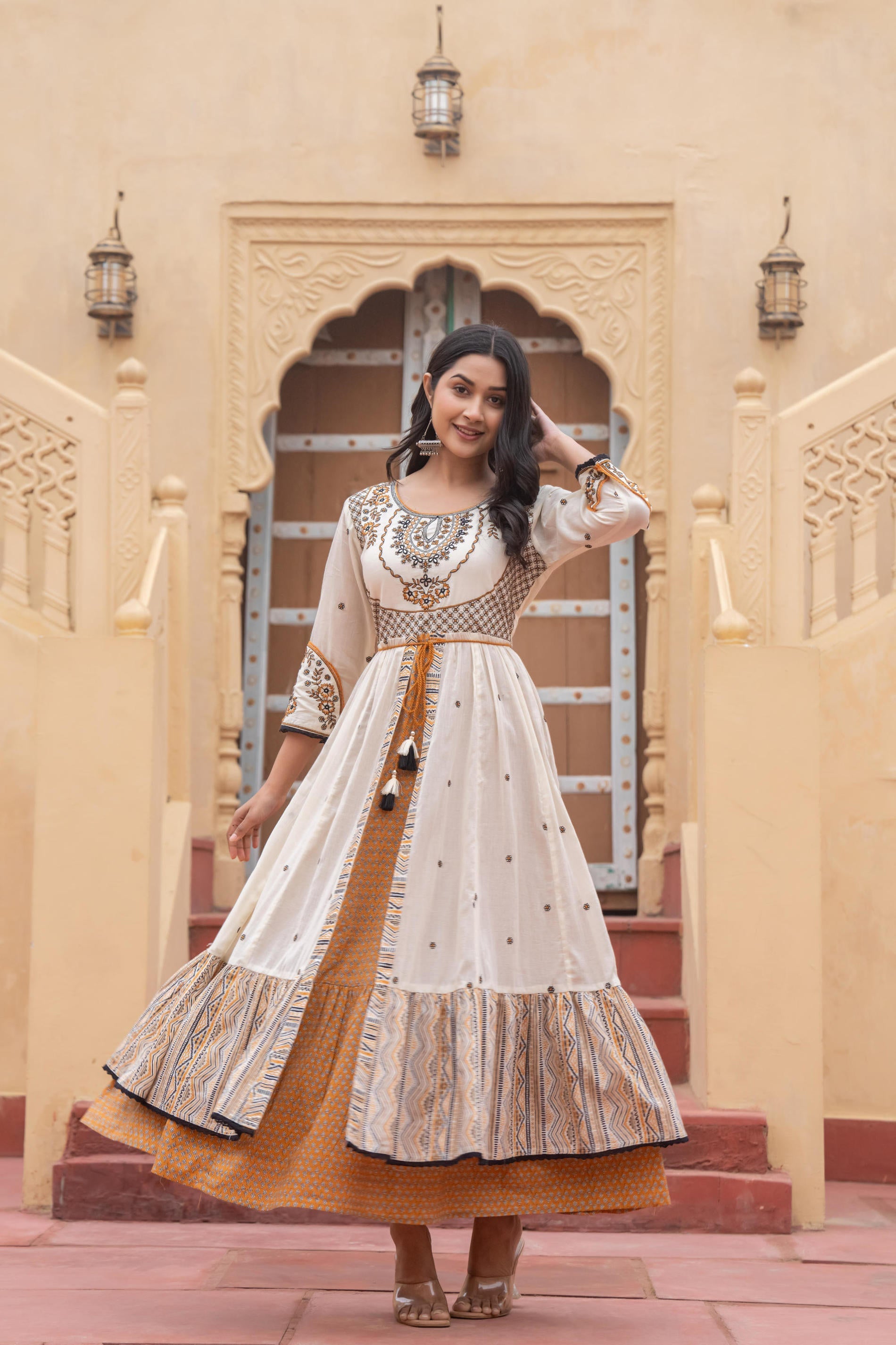 Juniper Off White & Mustard Embroidered Tiered Ethnic Dress with Inner Layer