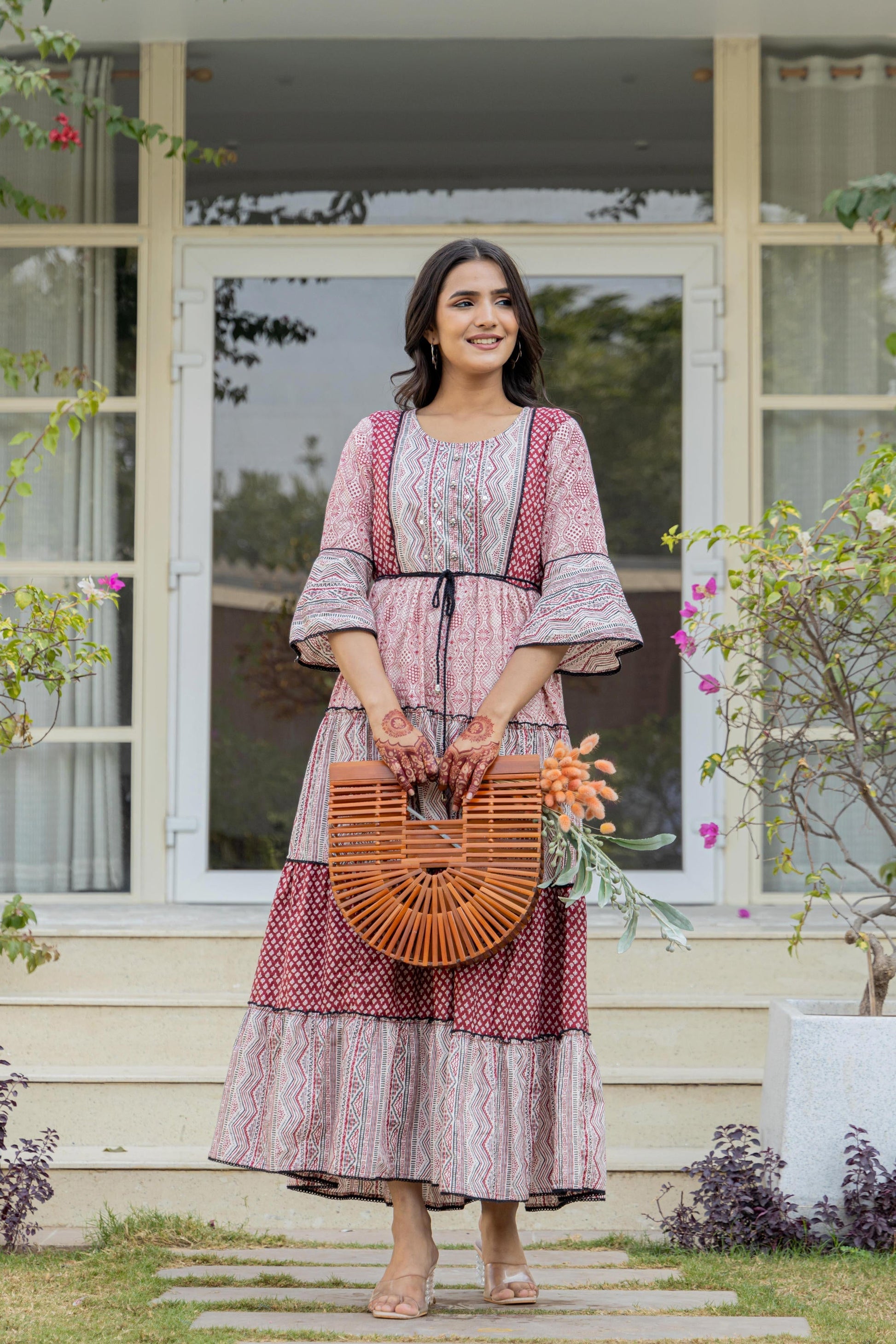 Juniper Red Ethnic Motif Printed Cotton Long Dress With Sequins & Doris