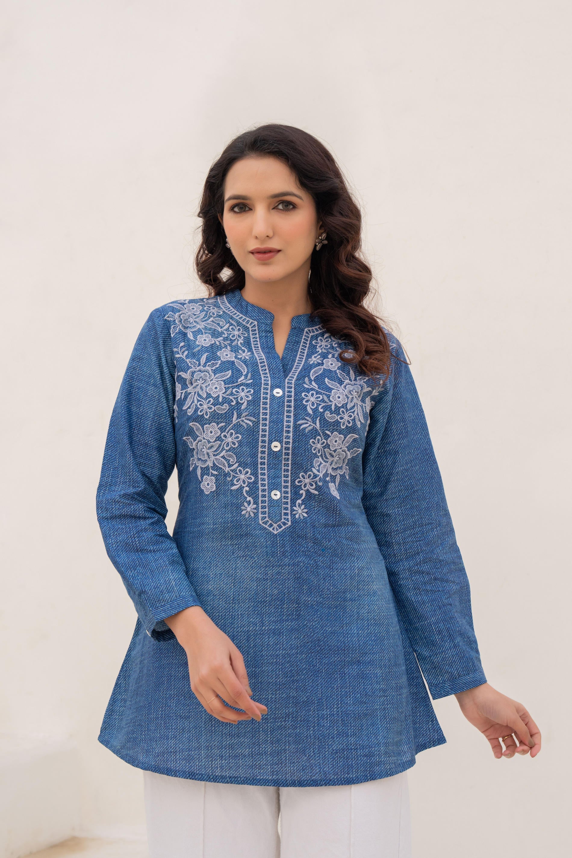 Juniper Blue Solid Cotton Tunic With Thread Work And Buttons