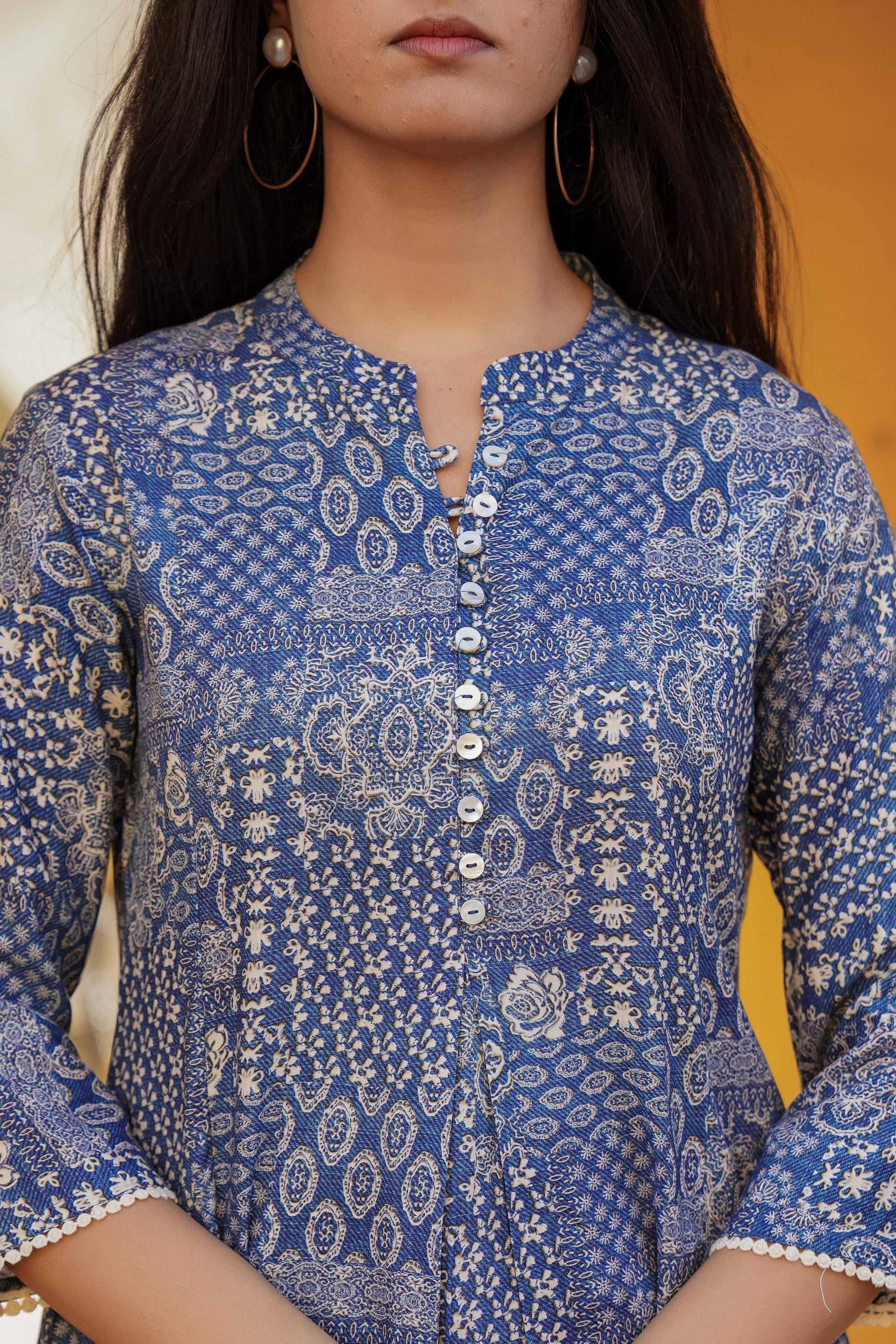 Juniper Blue Ethnic Motif Printed Viscose Tunic With Buttons