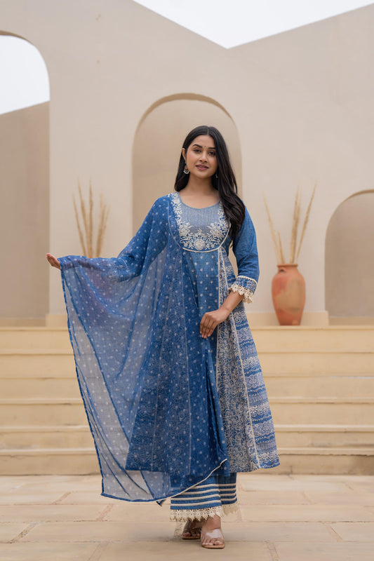 Juniper Indigo Blue Breeze Printed & Embroidered Anarkali Kurta Set With Dupatta