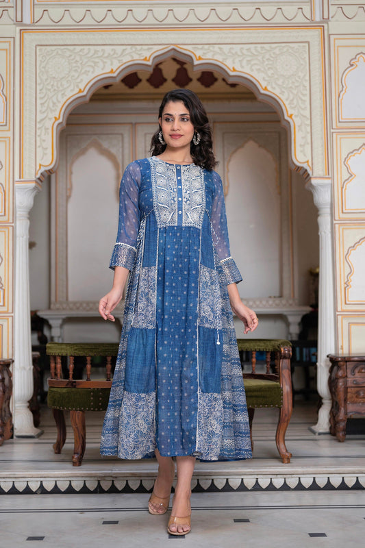 Juniper Blue Floral Embroidered Cotton Dress With Tassels & Denim Look