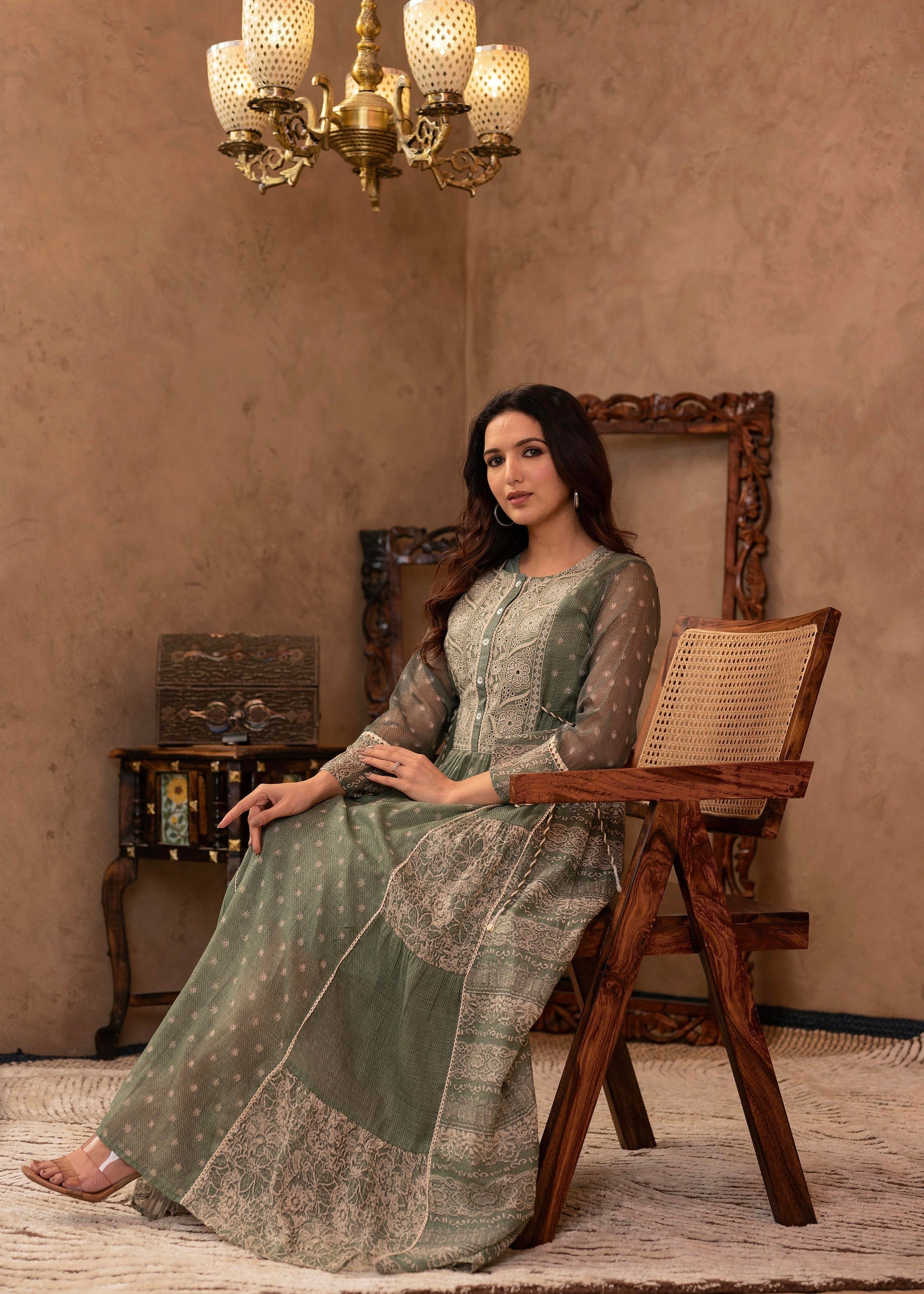 Juniper Green Floral Embroidered Cotton Dress With Tassels & Denim Look