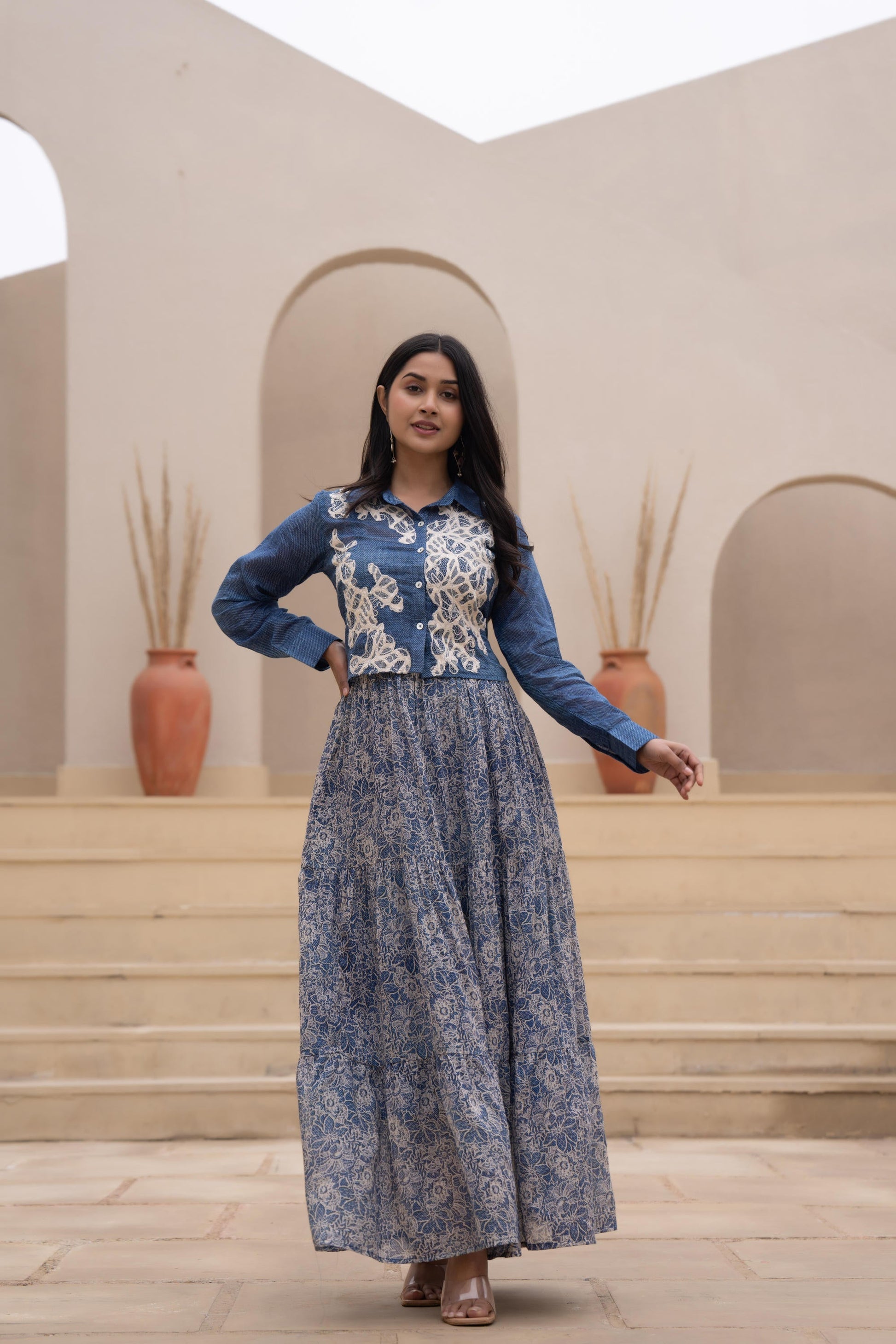 Juniper Indigo Blue Shirt-Style Dress with Off White Embroidery & Tiered Floral Maxi Skirt