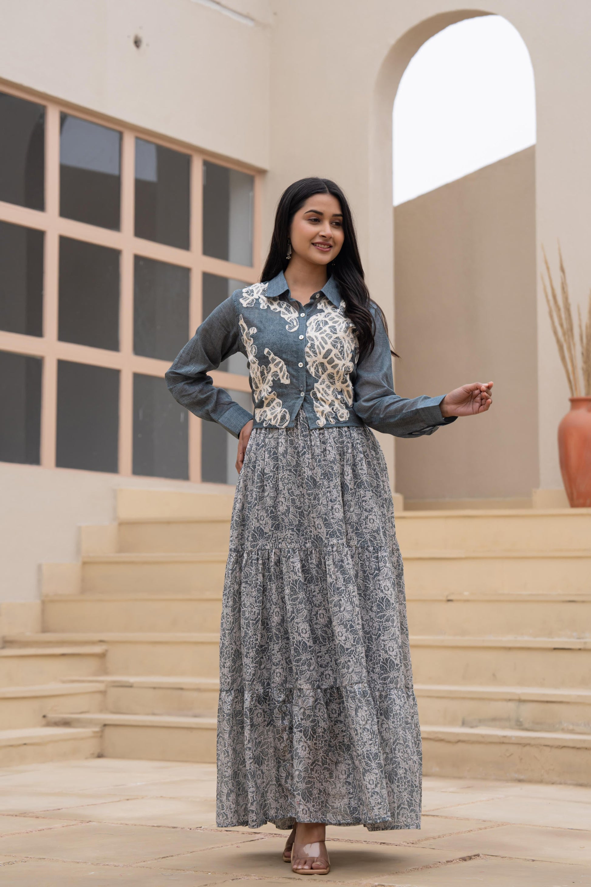 Juniper Grey Shirt-Style Dress with Off White Embroidery & Tiered Floral Maxi Skirt