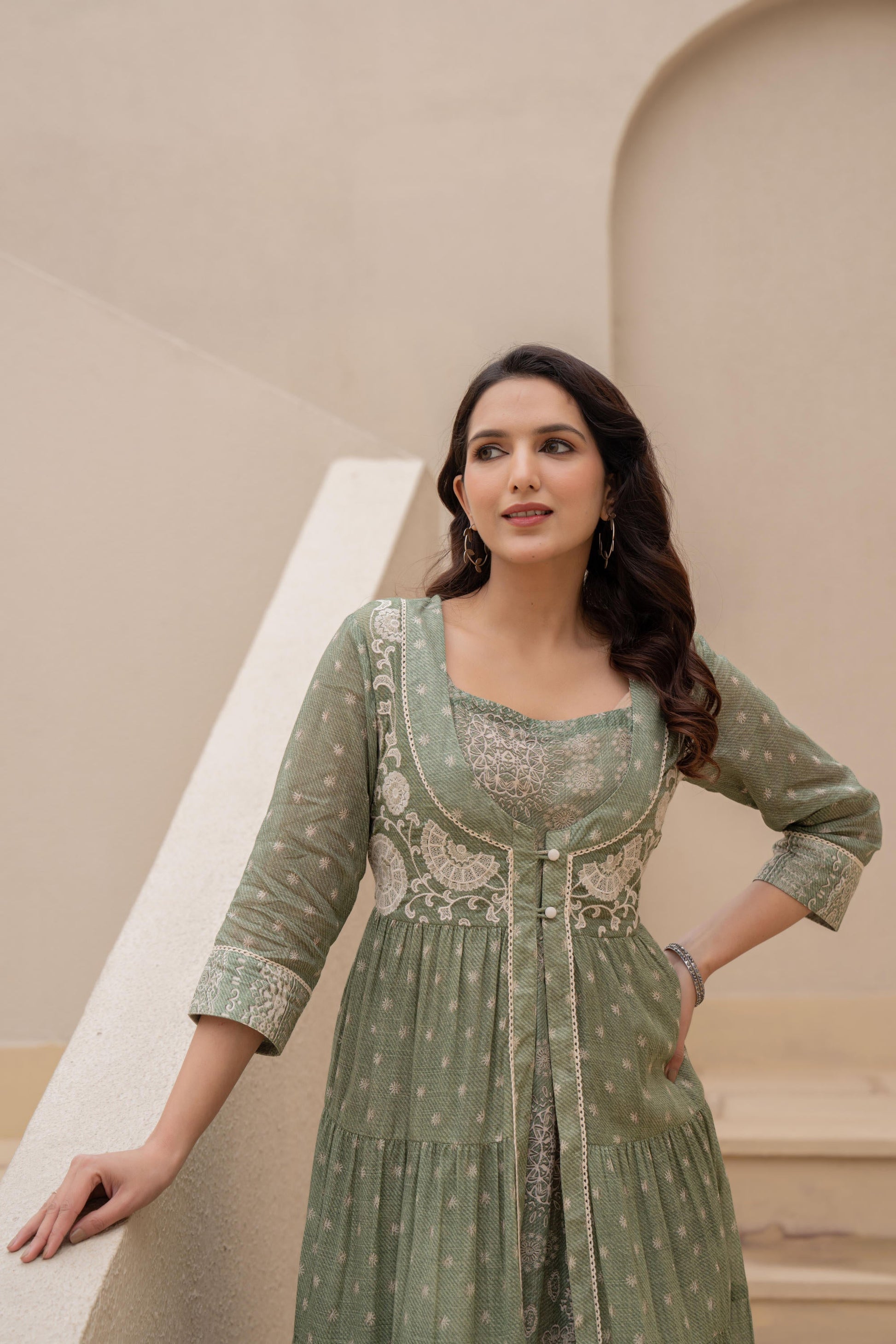 Juniper Sage Green Embroidered Flared Maxi Dress with Inner Slip and Button-Down Detailing