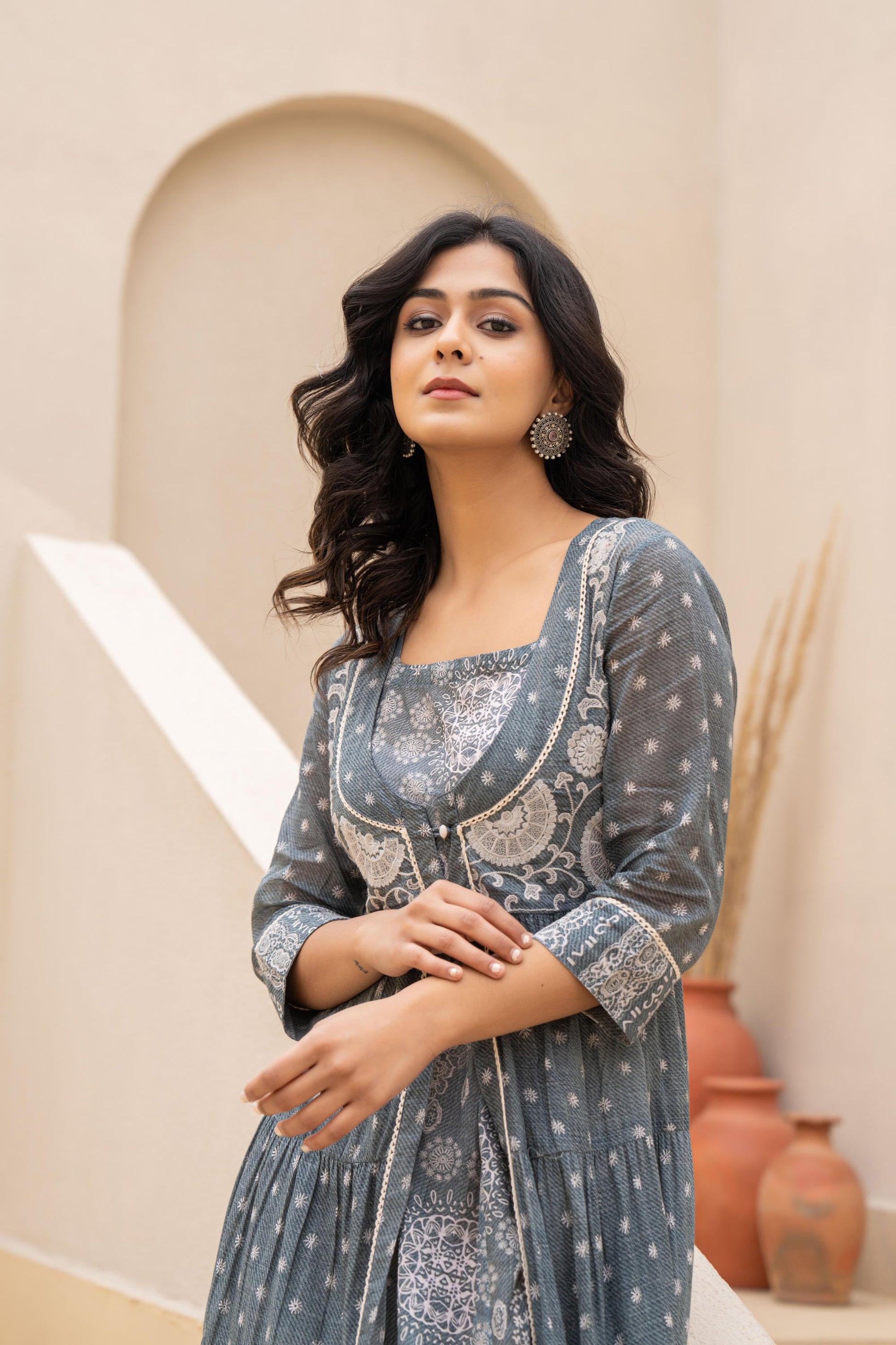 Juniper Grey Embroidered Flared Maxi Dress with Inner Slip and Button-Down Detailing