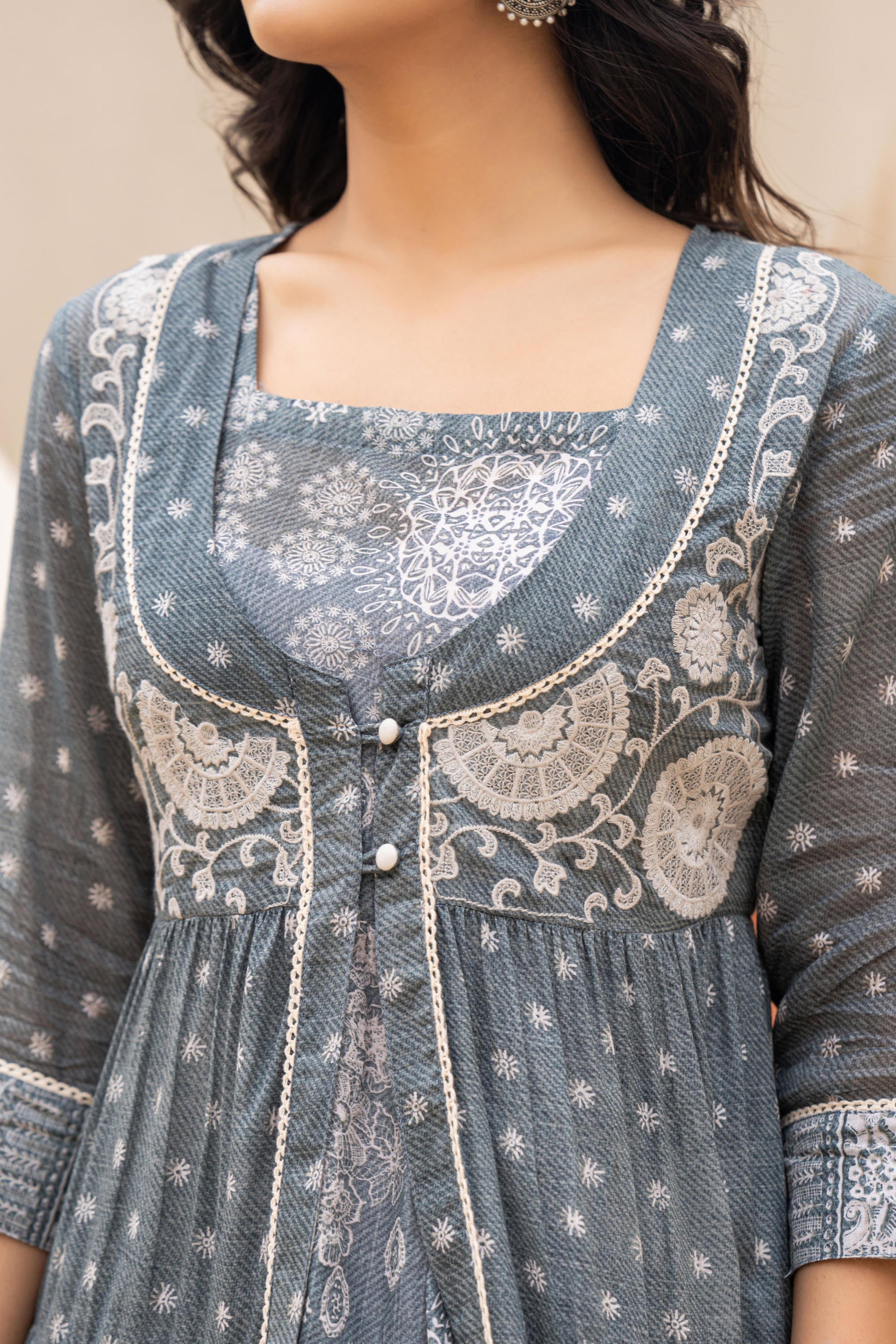 Juniper Grey Embroidered Flared Maxi Dress with Inner Slip and Button-Down Detailing