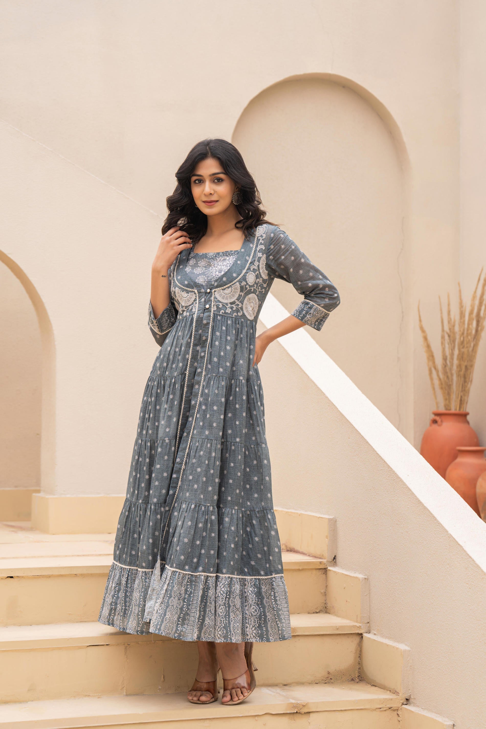 Juniper Grey Embroidered Flared Maxi Dress with Inner Slip and Button-Down Detailing