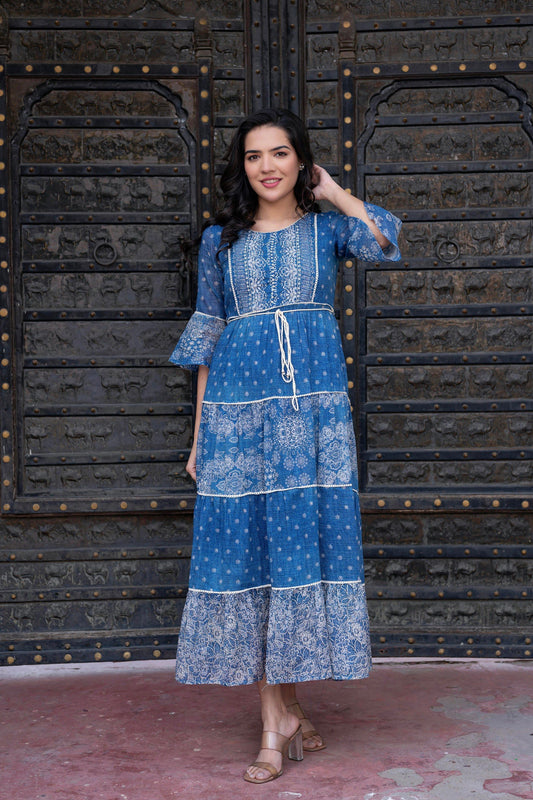 Juniper Blue Floral Printed Cotton Dress with Dori, Cotton Lace & Bead Work
