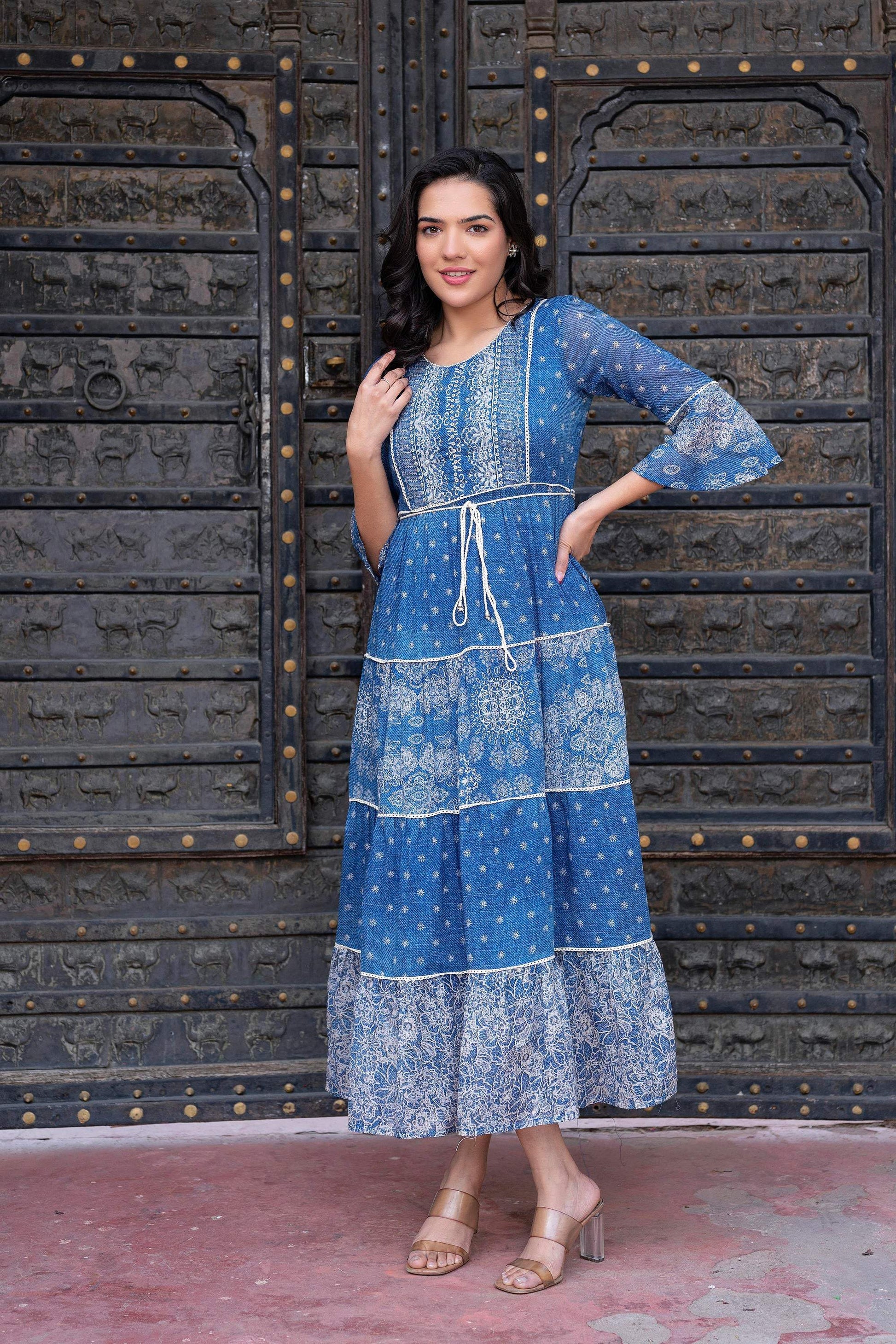 Juniper Blue Floral Printed Cotton Dress with Dori, Cotton Lace & Bead Work