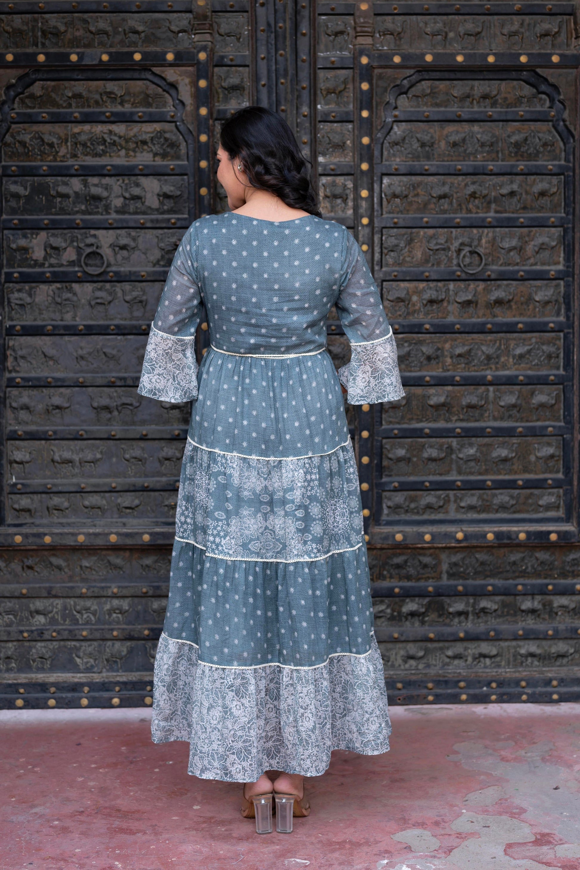 Juniper Grey Floral Printed Cotton Dress with Dori, Cotton Lace & Bead Work