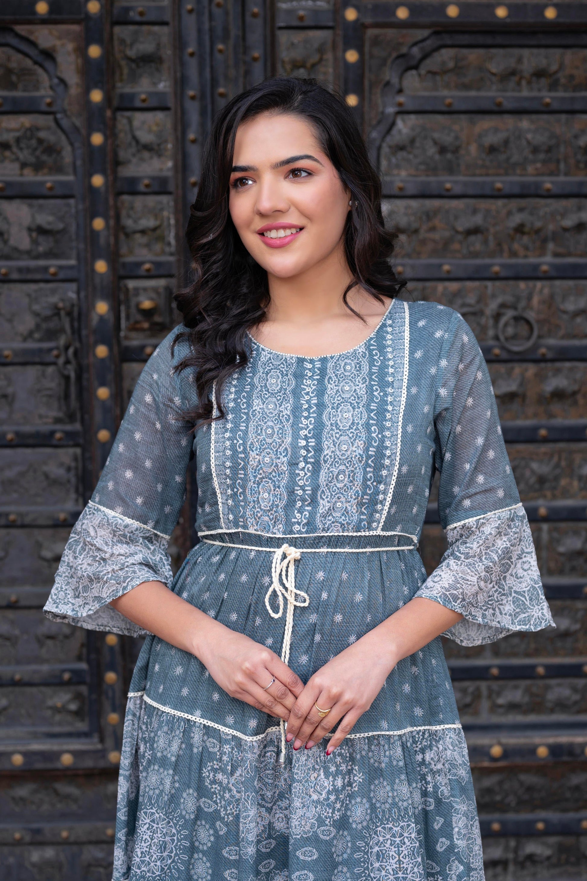 Juniper Grey Floral Printed Cotton Dress with Dori, Cotton Lace & Bead Work