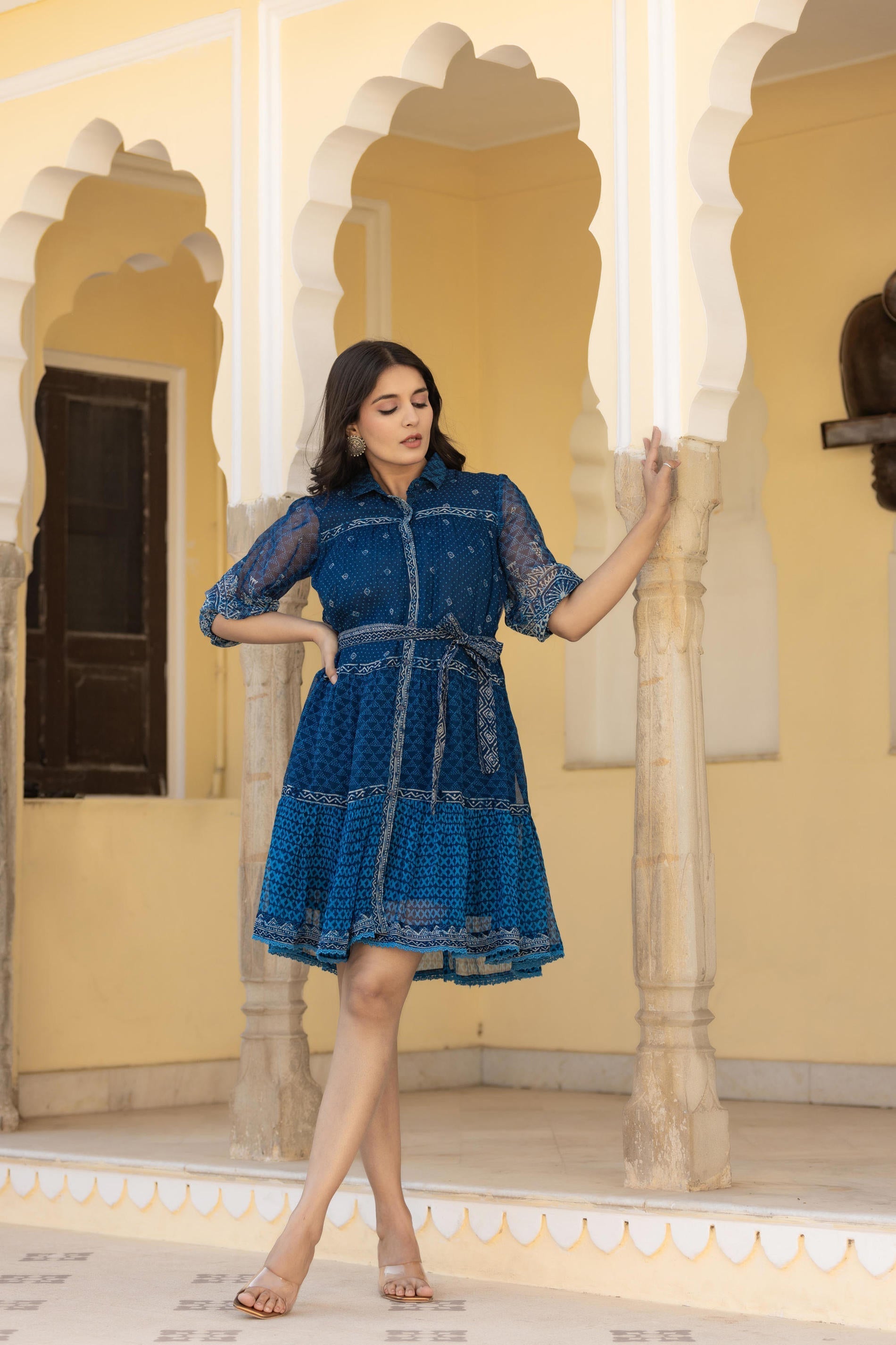 Juniper Indigo Blue Ethnic Shirt Dress with Belt and Sheer Sleeves