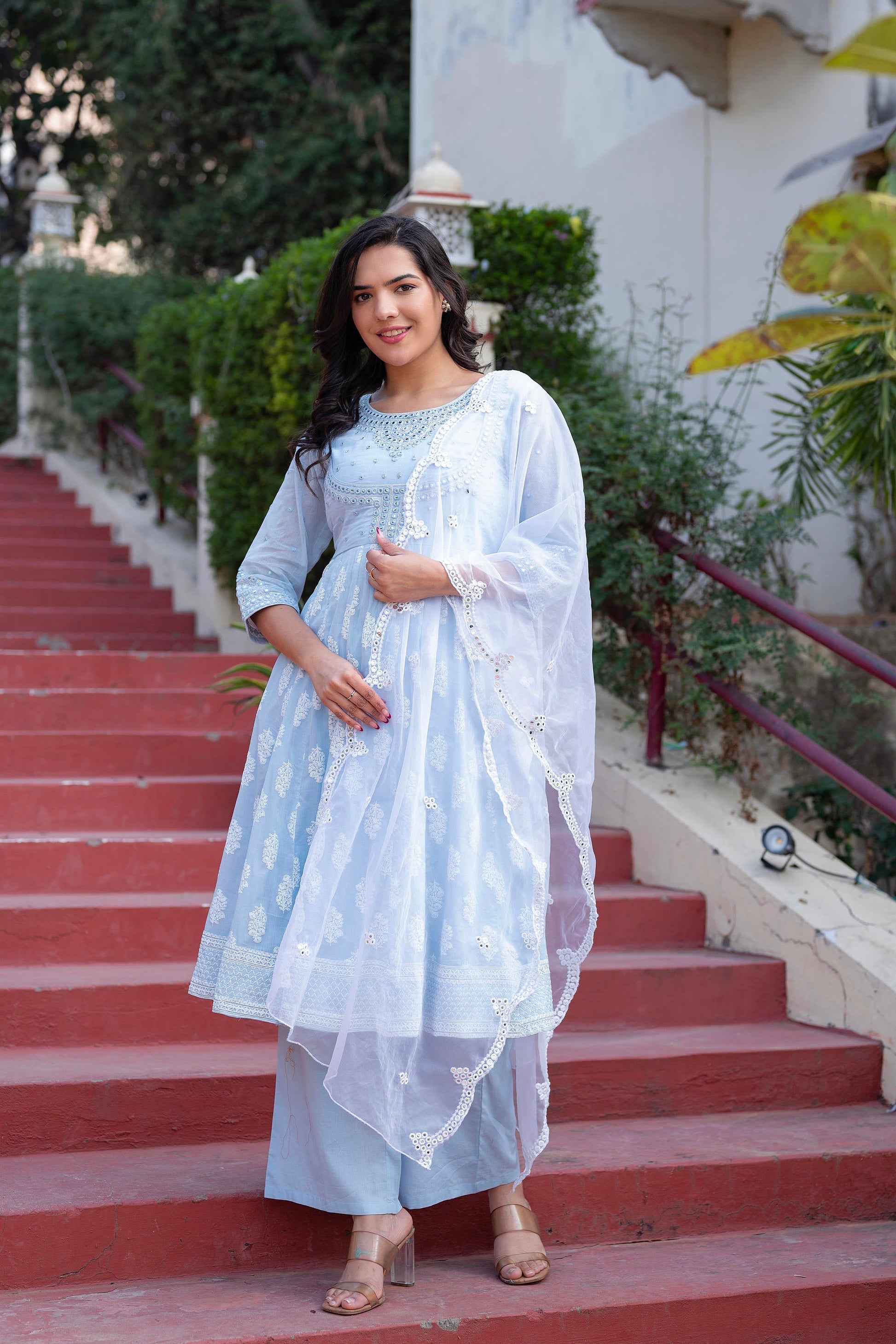 Juniper Sky Blue Cotton Mirror Embroidered Kurta With Palazzo & Organza Dupatta