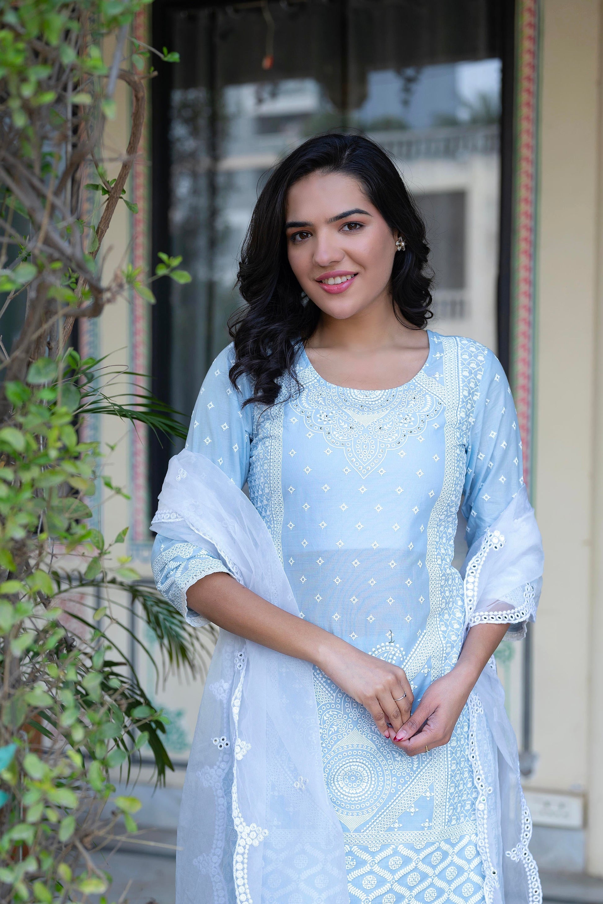 Juniper Sky Blue Cotton Mughal Printed Kurta with Gharara, Organza Dupatta, Mirror Work & Puff Print