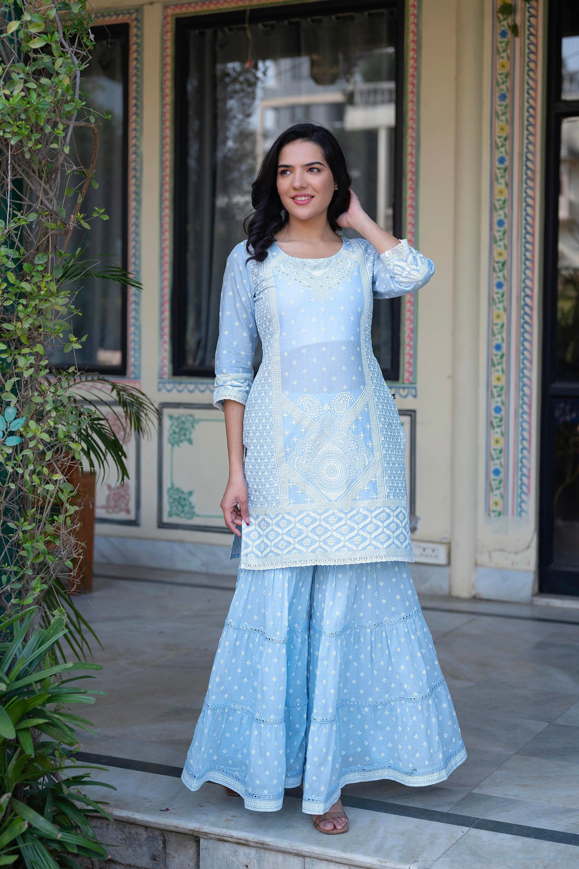 Juniper Sky Blue Cotton Mughal Printed Kurta with Gharara, Organza Dupatta, Mirror Work & Puff Print