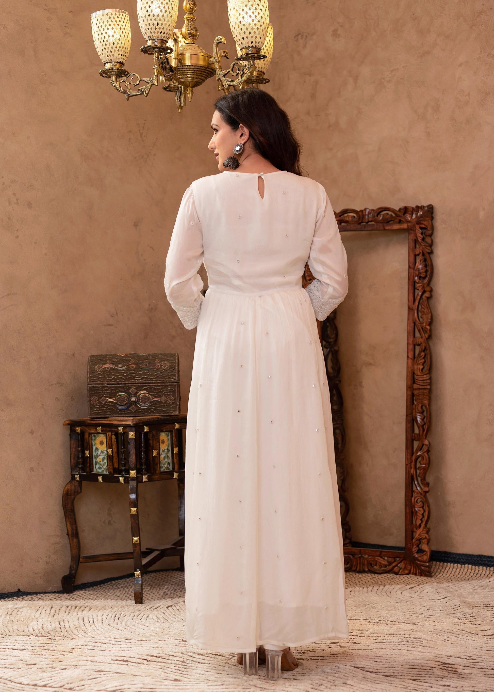 Juniper White Viscose Flared Mirror Embroidered Kurta with Cotton Lining & Button Details
