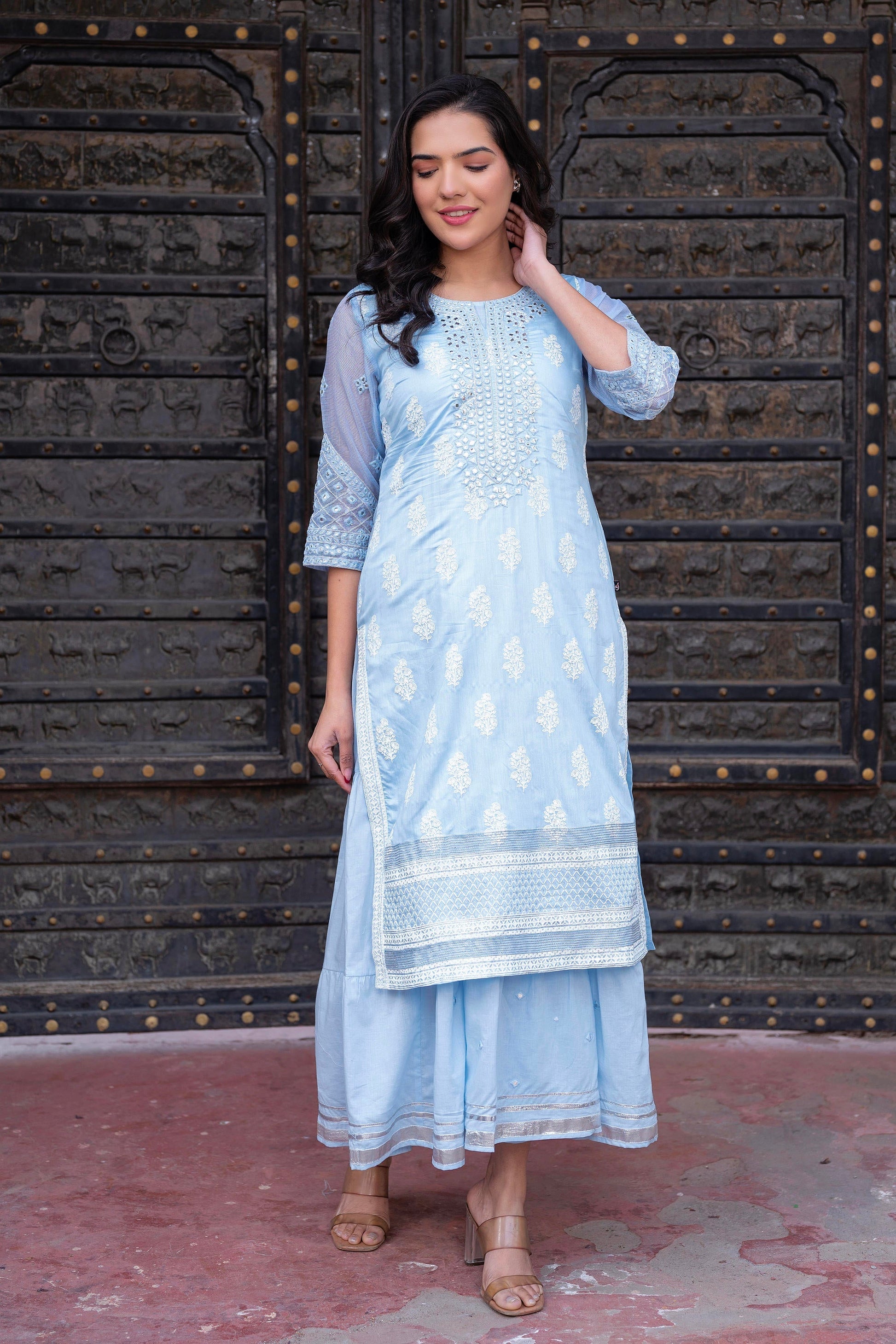Juniper Sky Blue Chanderi Floral Mirror Embroidered Dress With Gota Lace & Glitter Work
