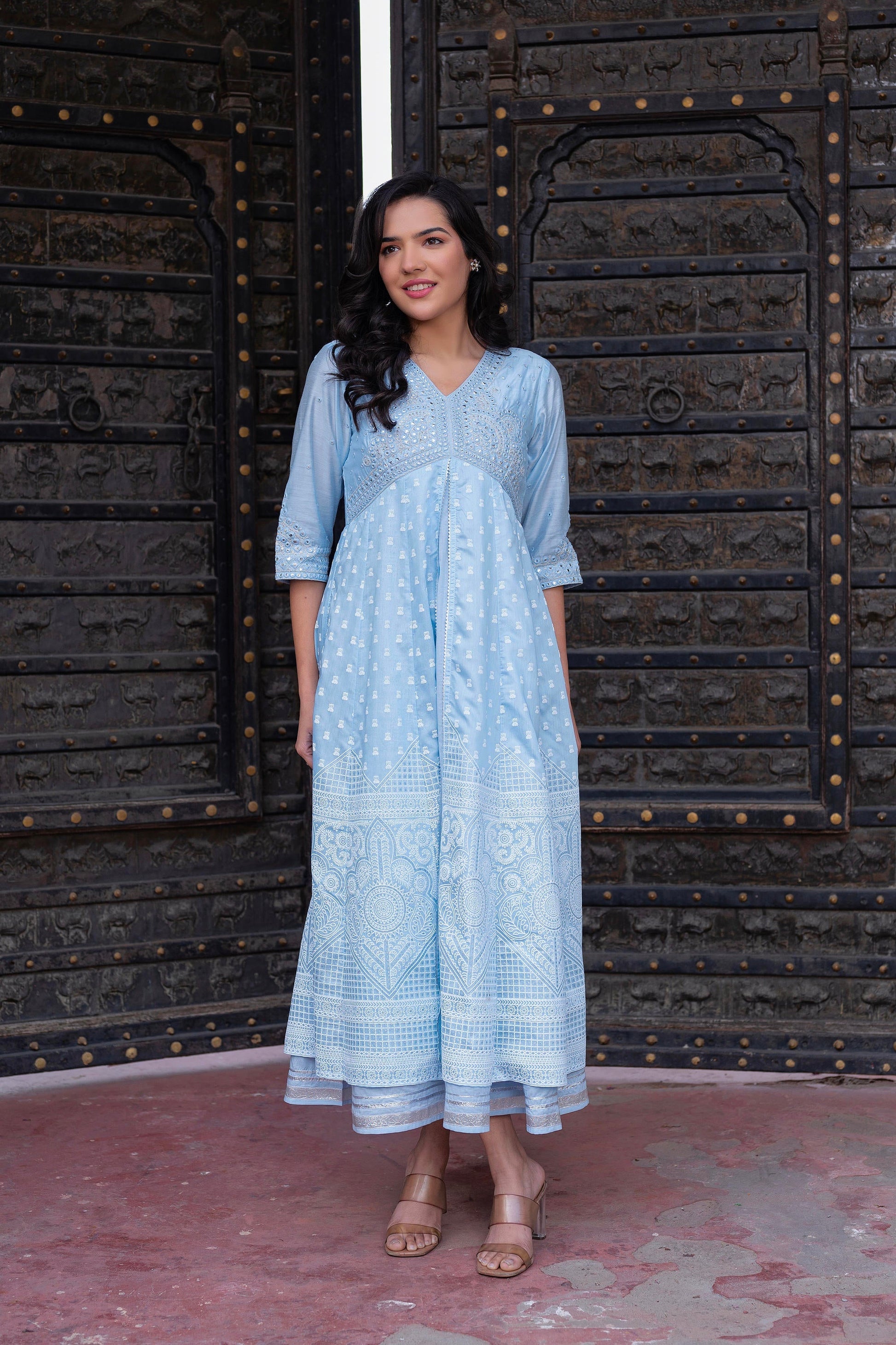 Juniper Sky Blue Chanderi Geometric Printed Mirror Embroidered Dress With Gota Lace & Glitter Work