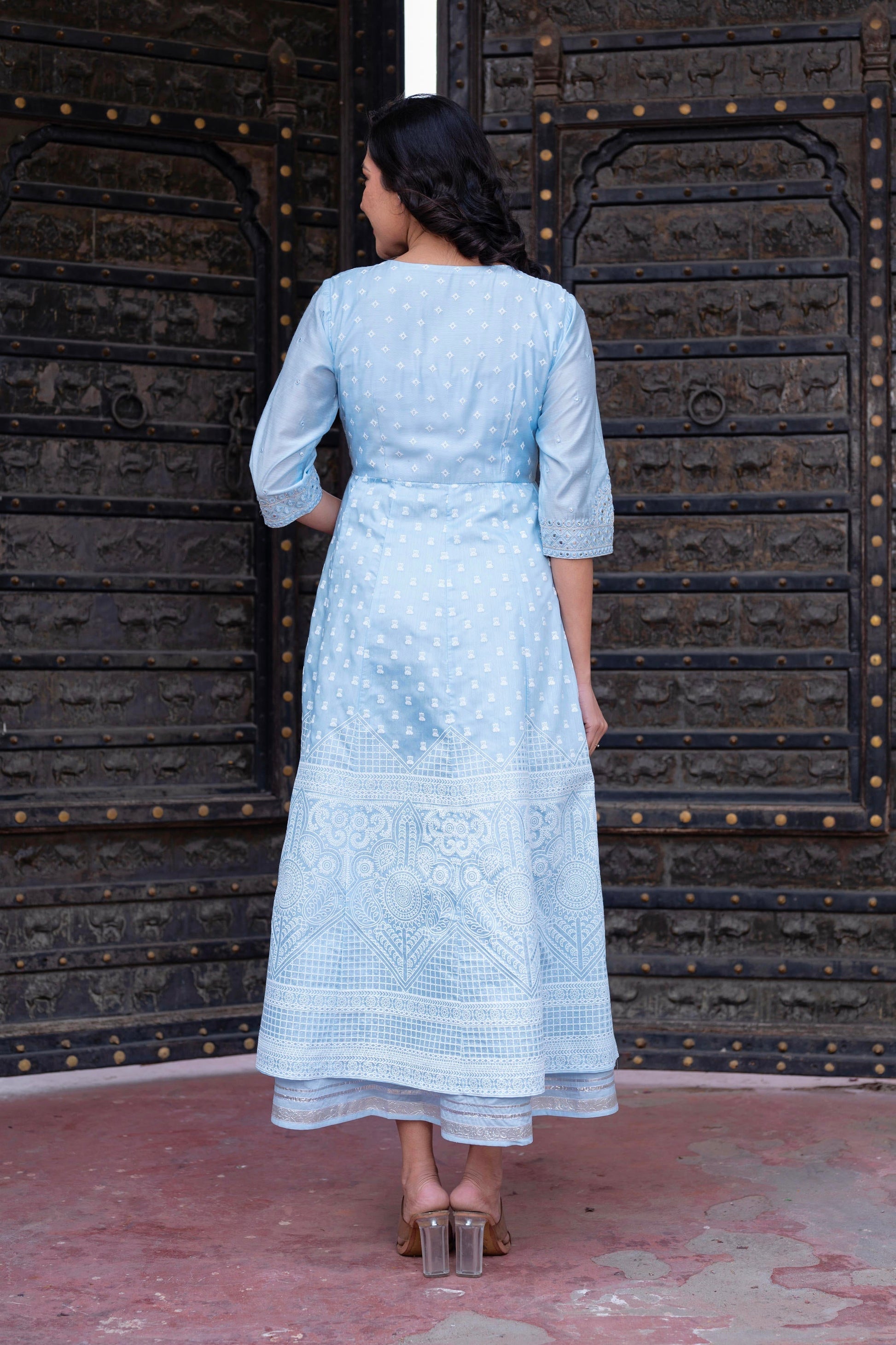 Juniper Sky Blue Chanderi Geometric Printed Mirror Embroidered Dress with Gota Lace & Glitter Work