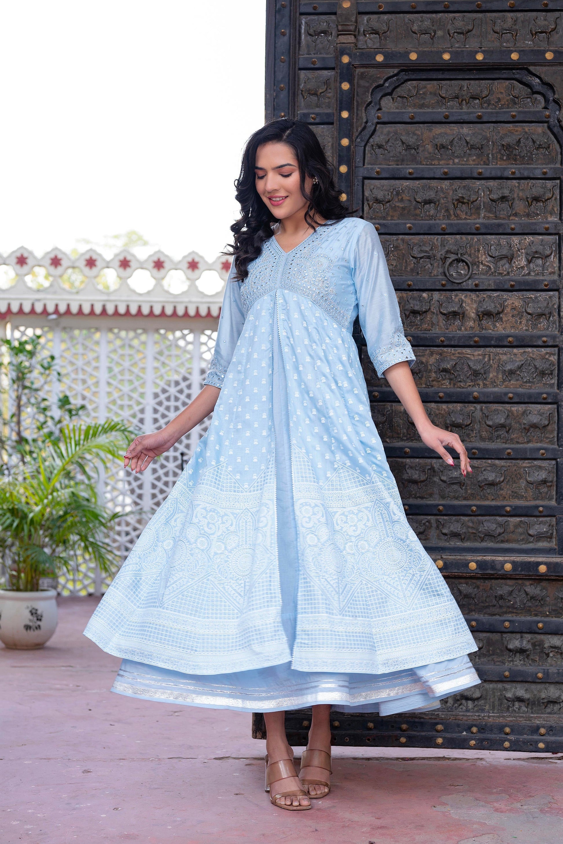 Juniper Sky Blue Chanderi Geometric Printed Mirror Embroidered Dress with Gota Lace & Glitter Work