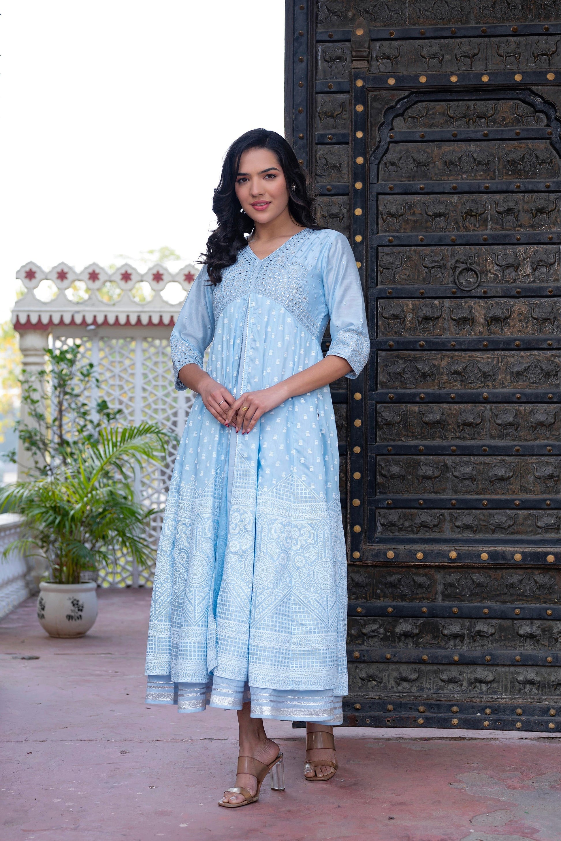 Juniper Sky Blue Chanderi Geometric Printed Mirror Embroidered Dress with Gota Lace & Glitter Work