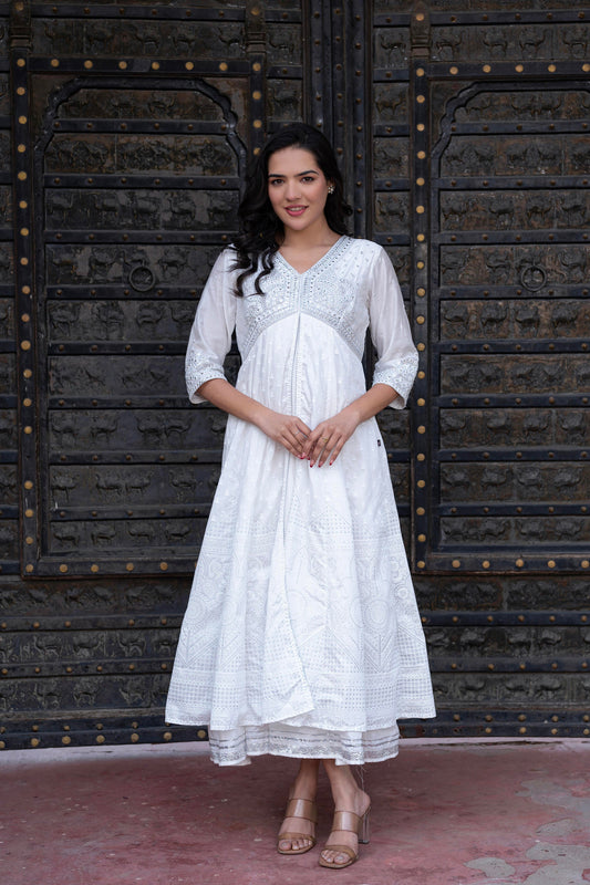 Juniper White Chanderi Geometric Printed Dress with Mirror Embroidery, Gota Lace & Glitter Work