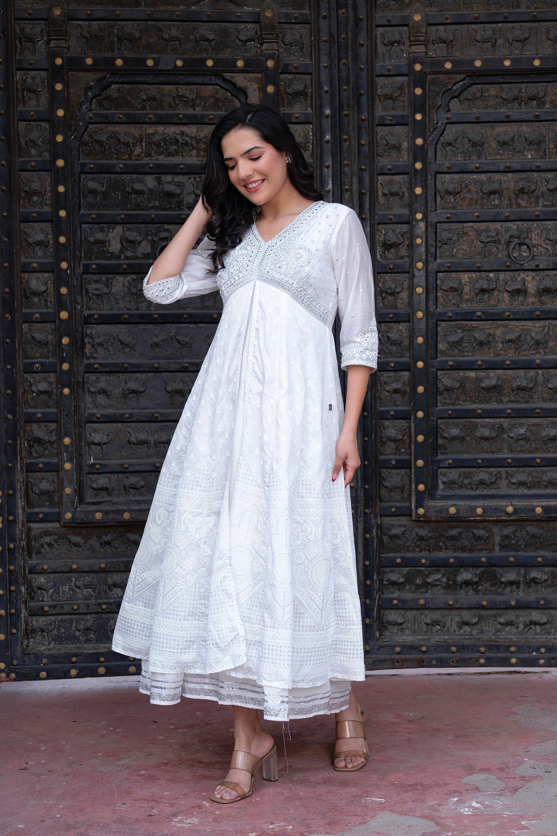 Juniper White Chanderi Geometric Printed Dress with Mirror Embroidery, Gota Lace & Glitter Work