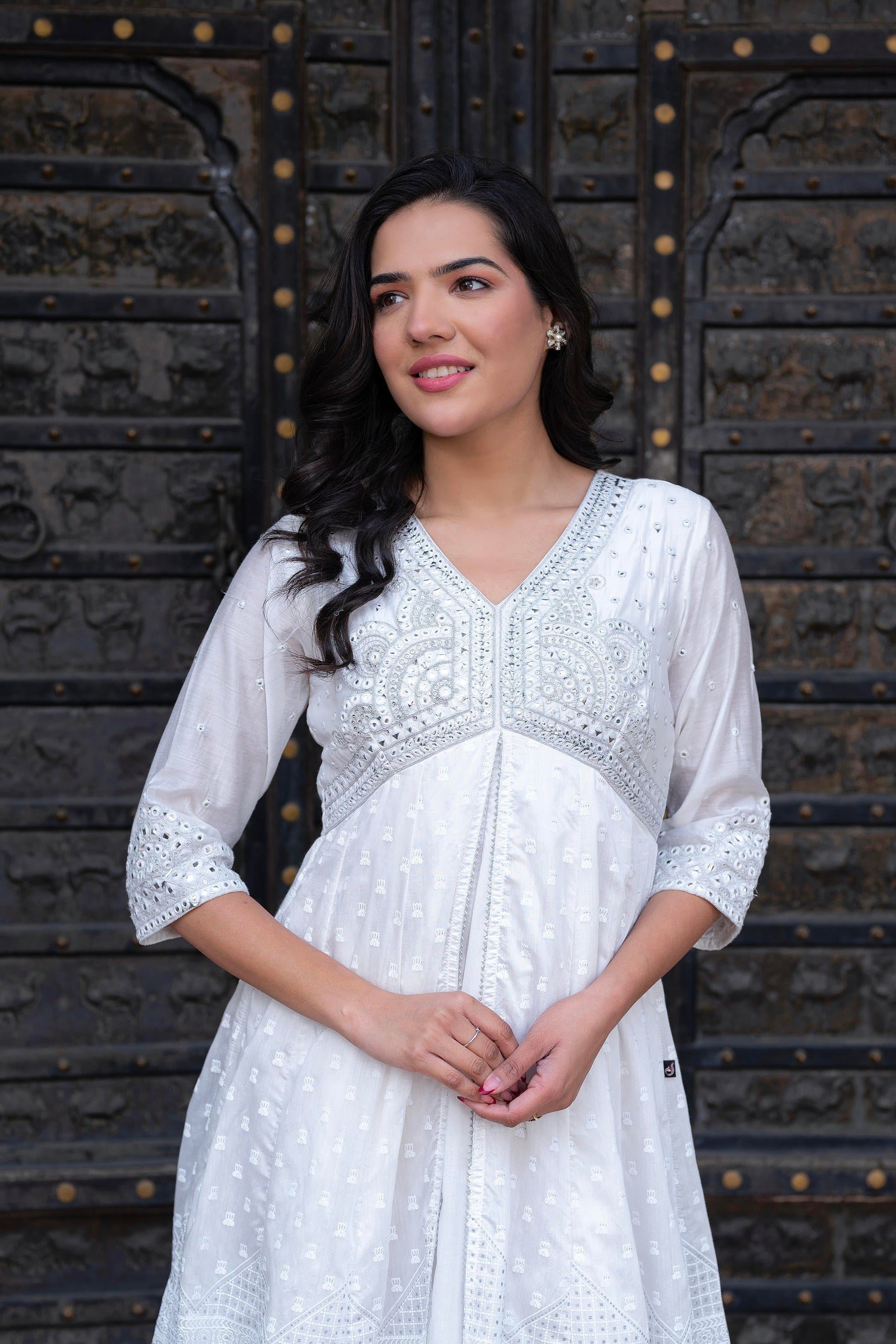 Juniper White Chanderi Geometric Printed Dress with Mirror Embroidery, Gota Lace & Glitter Work