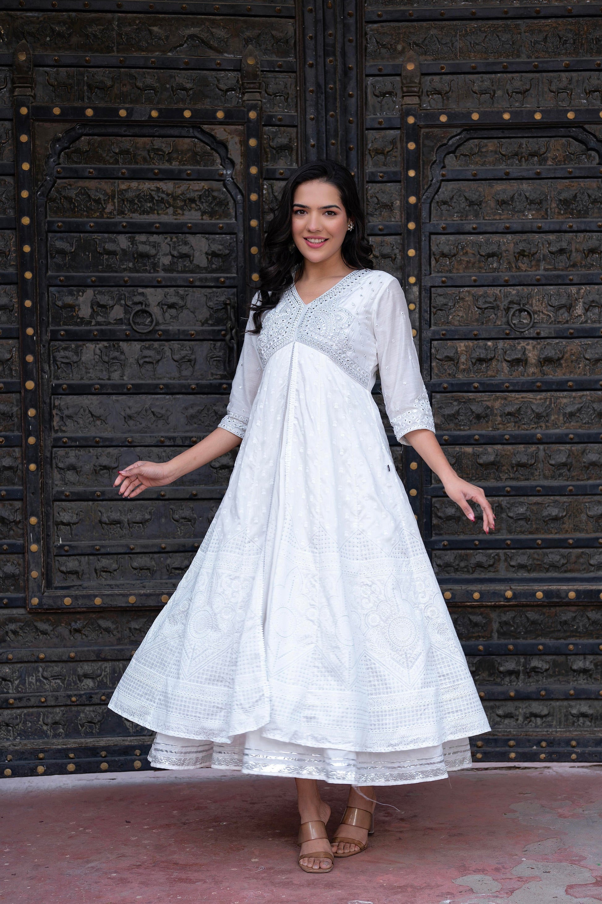 Juniper White Chanderi Geometric Printed Dress with Mirror Embroidery, Gota Lace & Glitter Work