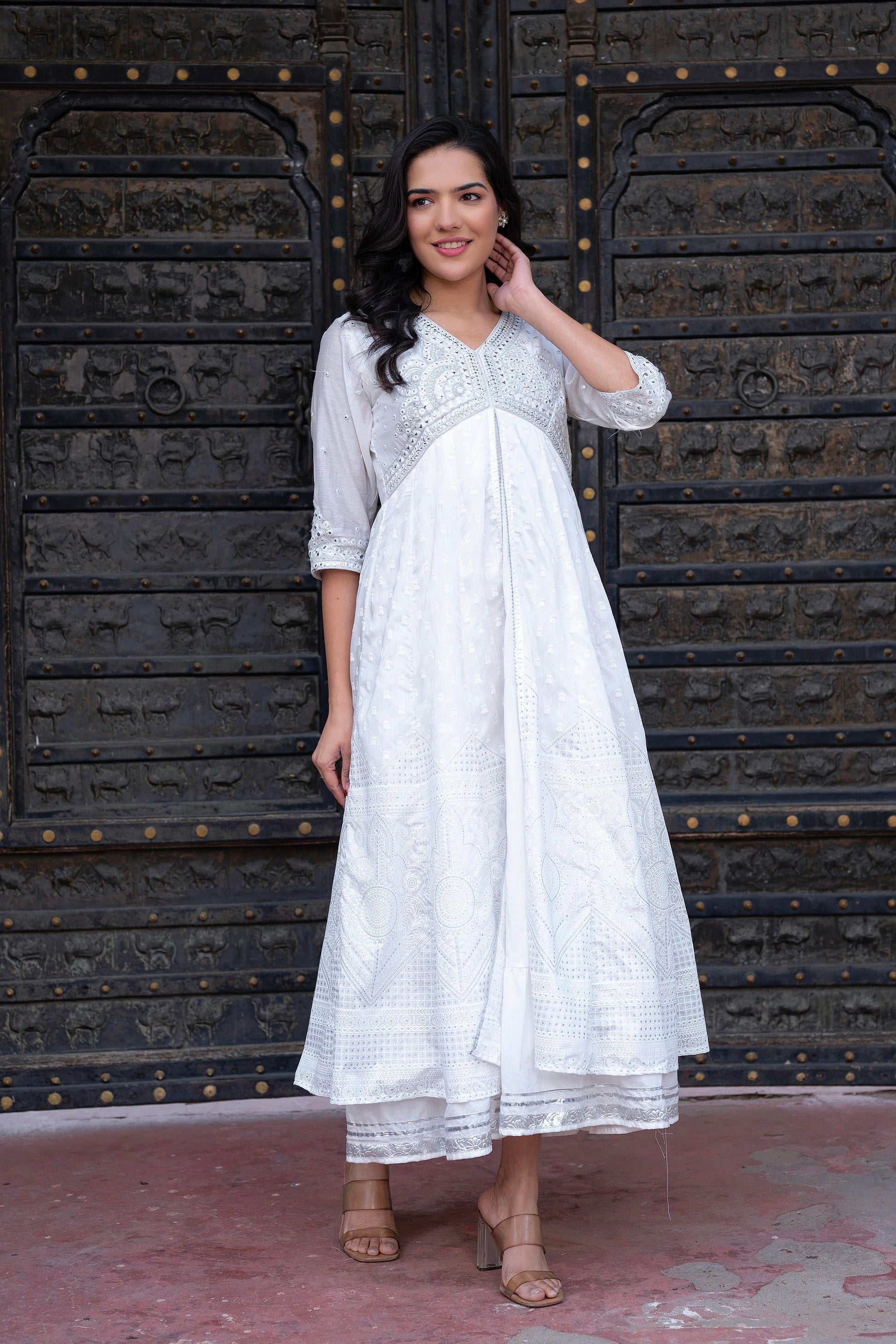 Juniper White Chanderi Geometric Printed Dress with Mirror Embroidery, Gota Lace & Glitter Work
