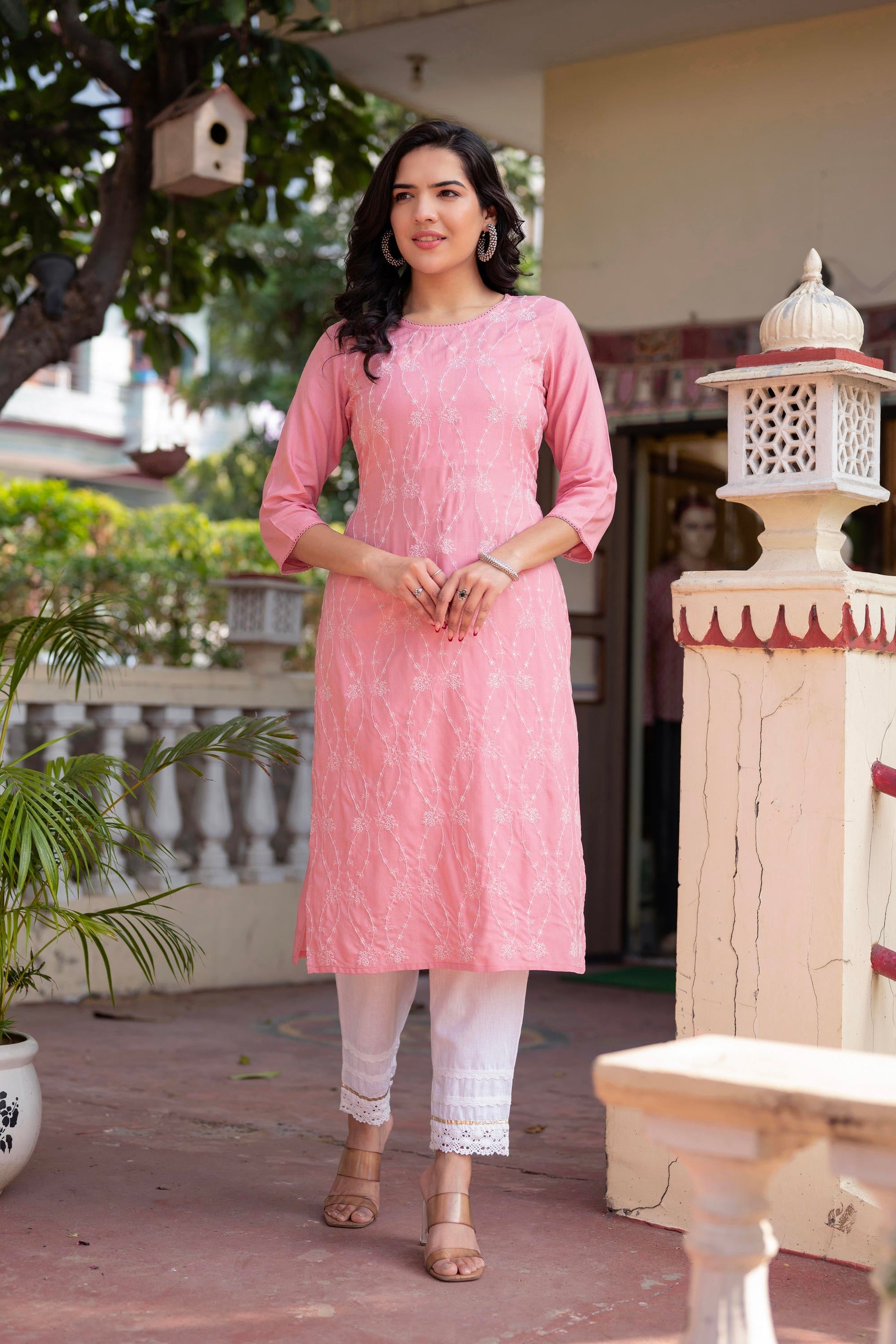 Juniper Onion Pink Embroidered Viscose Kurta with Sequins & Cotton Lace