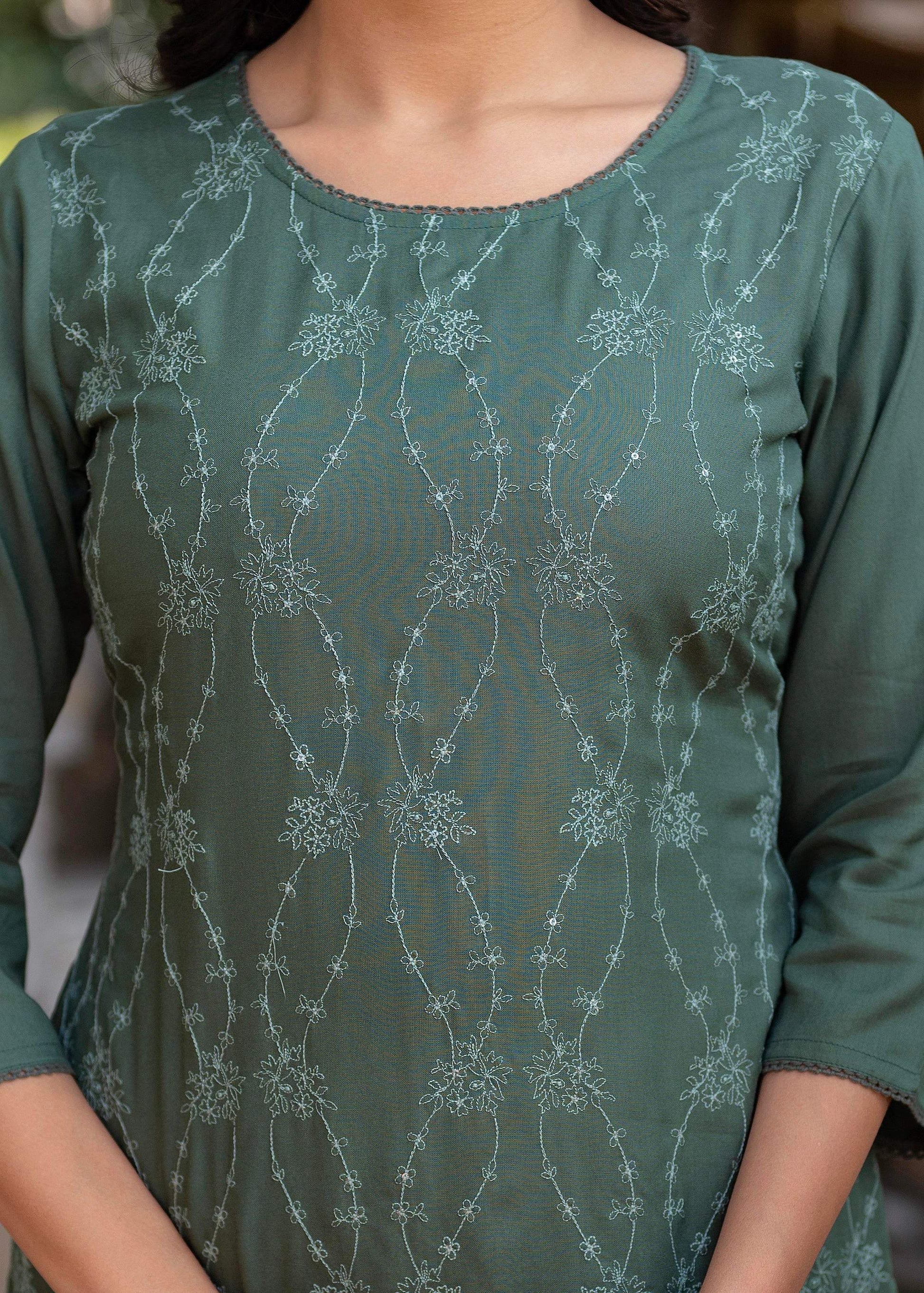 Juniper Sage Green Embroidered Viscose Kurta with Sequins & Cotton Lace