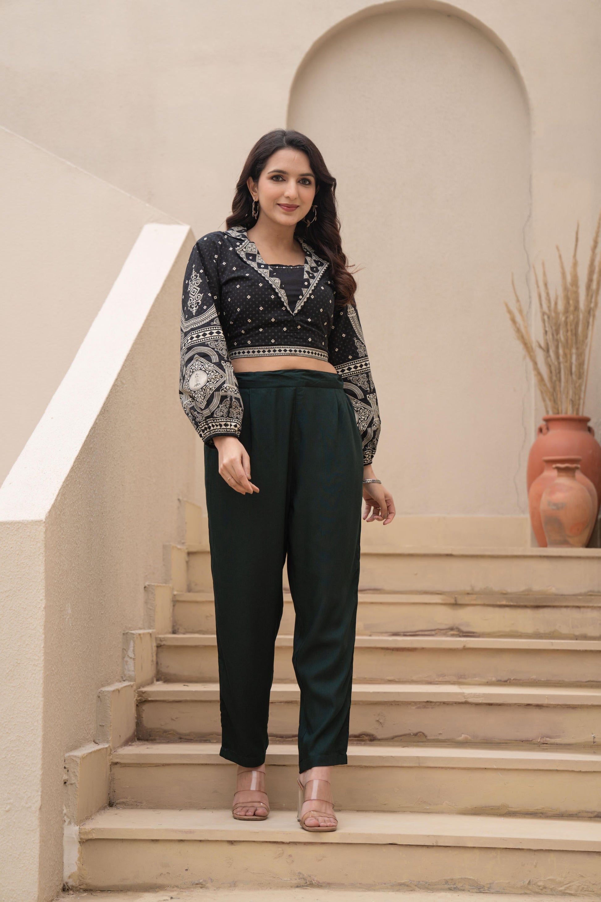 Juniper Bottle Green Solid Viscose Pants