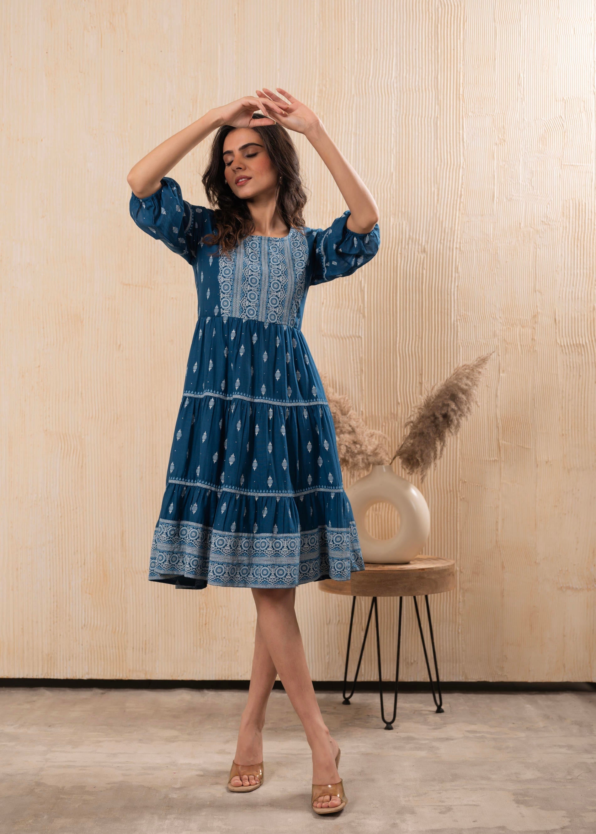Juniper Indigo Blue Printed Boho Knee-Length Fit & Flare Dress