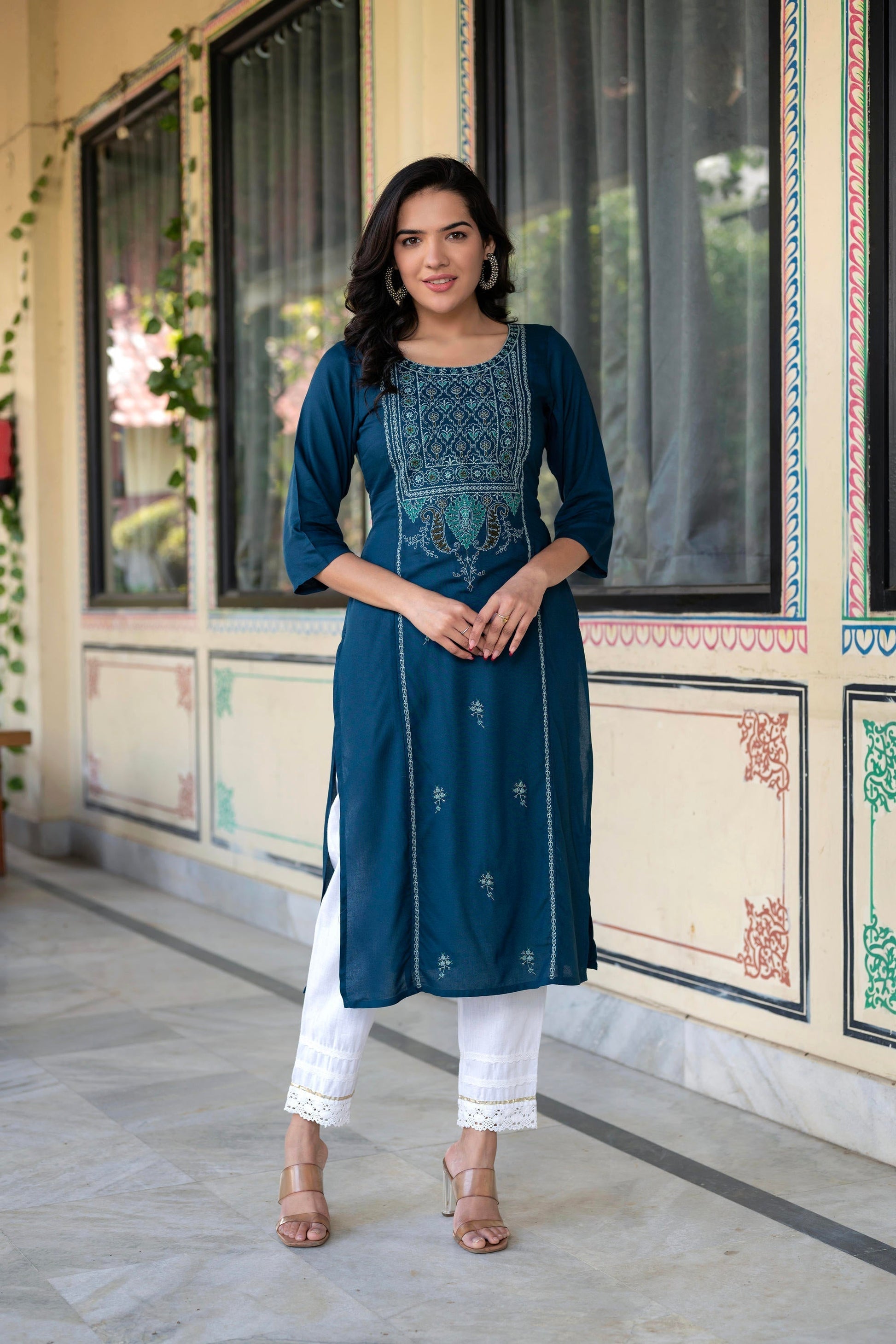 Juniper Blue Viscose Geometric Printed Kurta with Ethnic Motifs & Thread Work | Grab2Buy